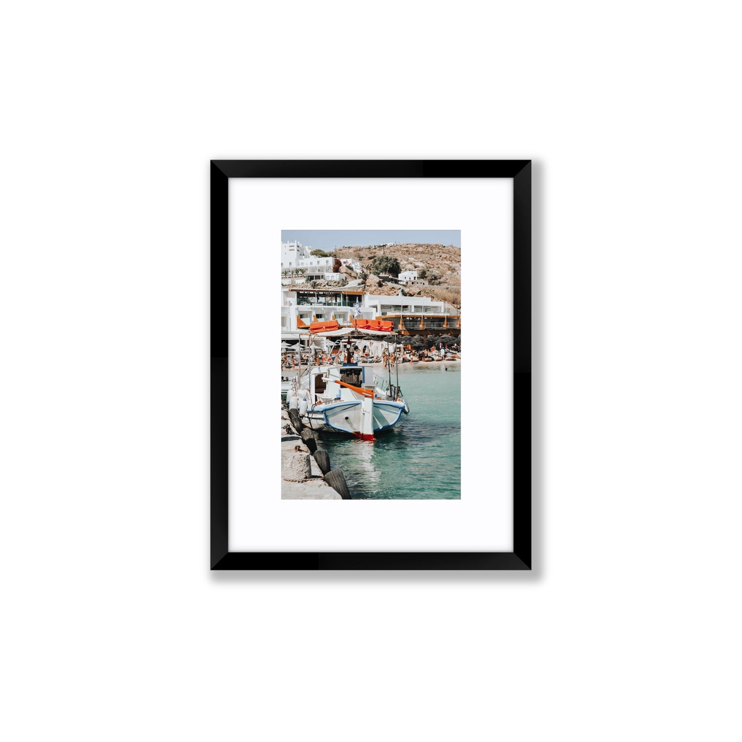 Travel In Style Mykonos Greek island wall art Small fine art print in black frame with matboard