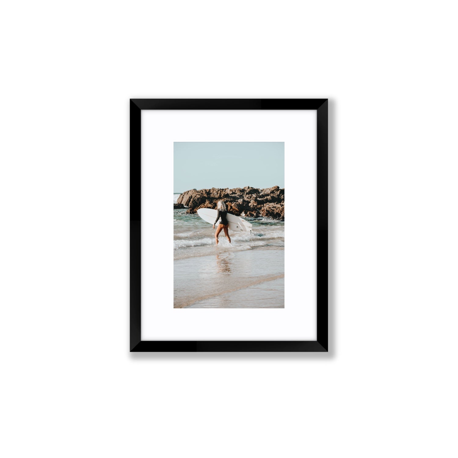 Bethany Byron Bay Surf coastal decor wall art Small fine art print in black frame with matboard