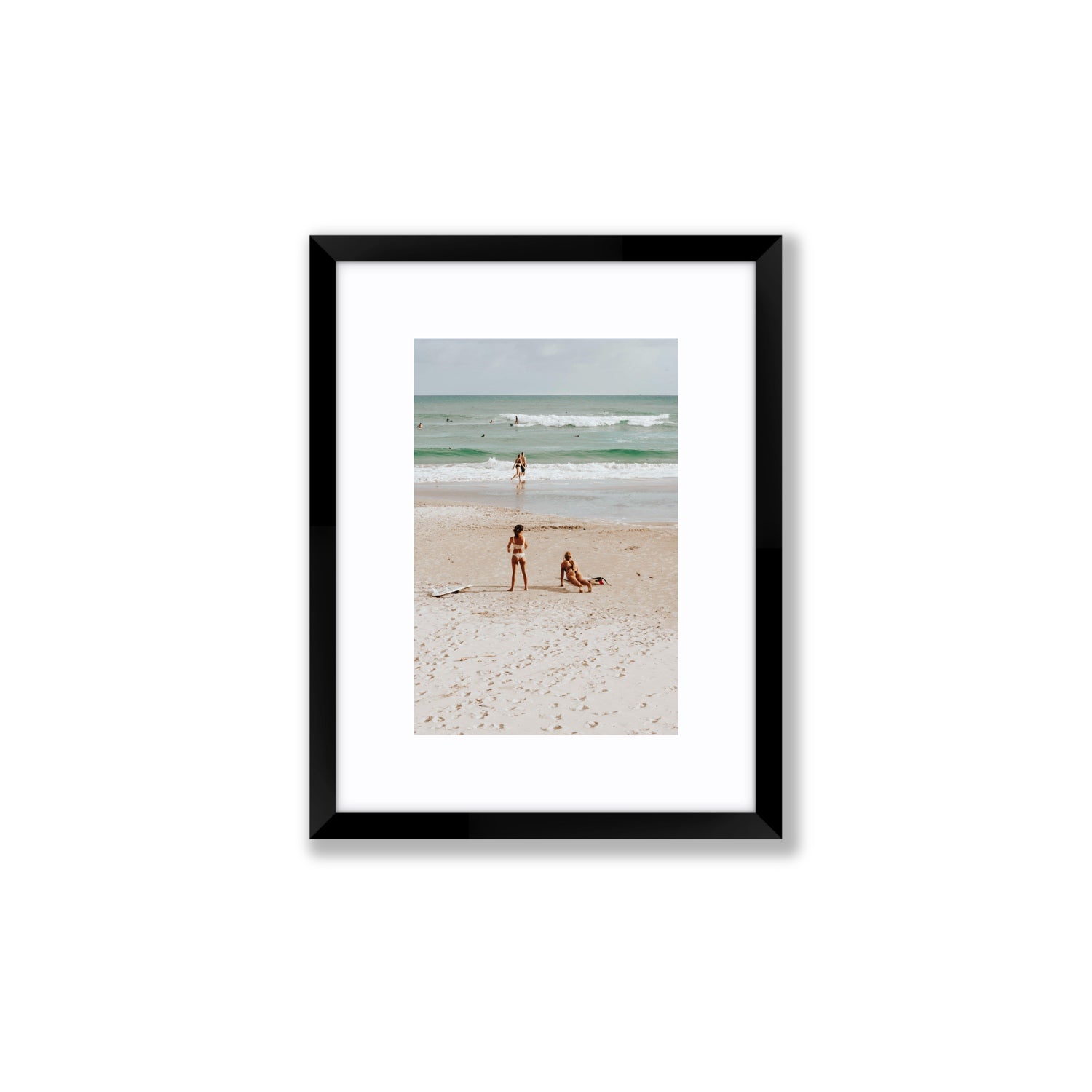 Gidget & Betty Byron Bay beach coastal wall art Small fine art print in black frame with matboard