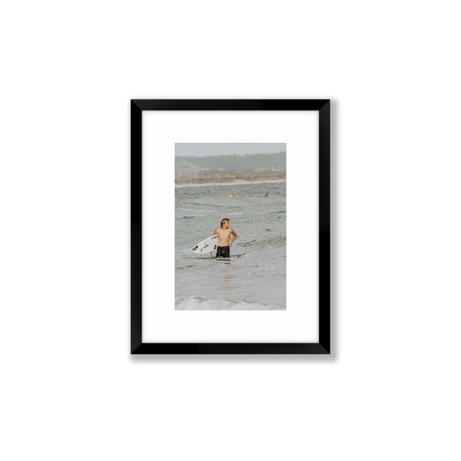 Chasing Mavericks Byron Bay Surf coastal wall art Small fine art print in black frame with matboard