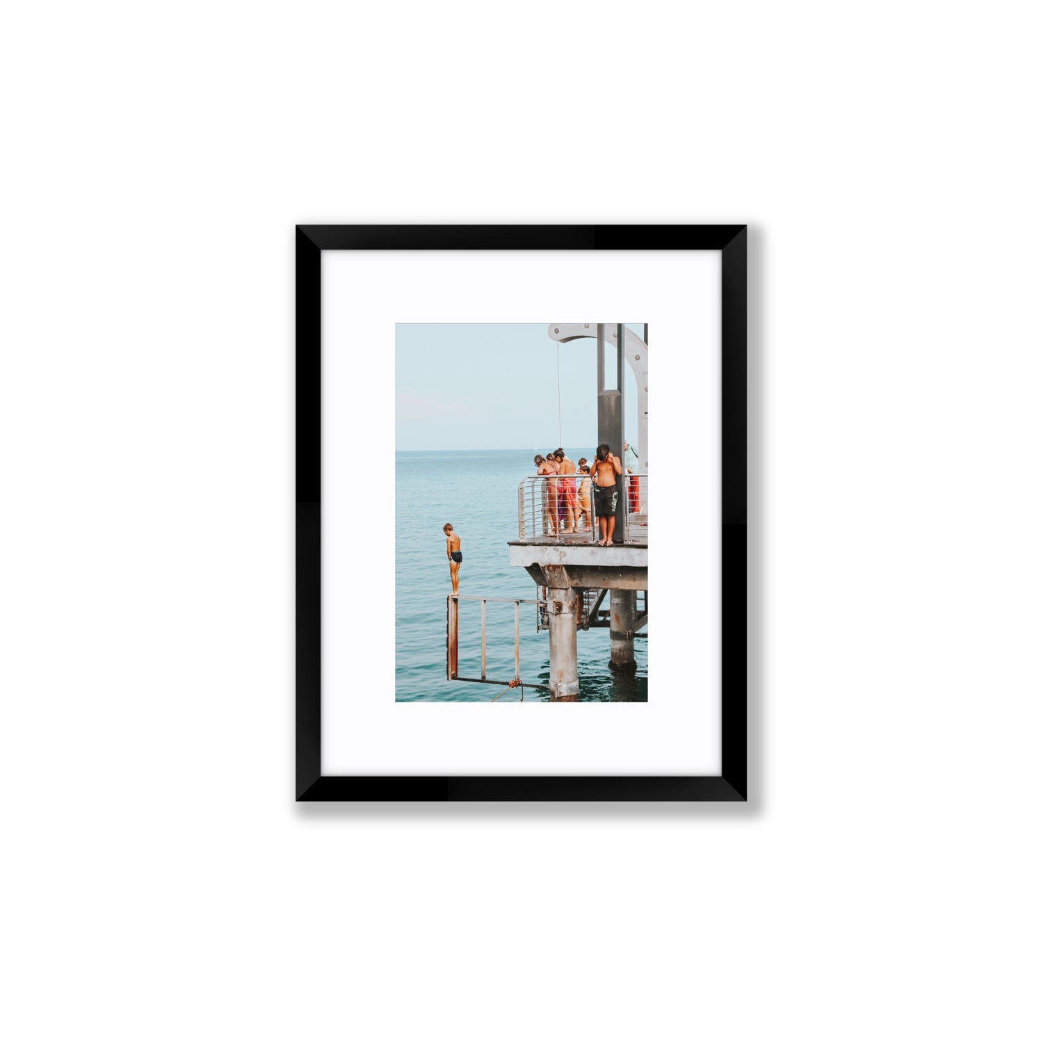 Golden Boy Alassio coastal decor wall art Small fine art print in black frame with matboard