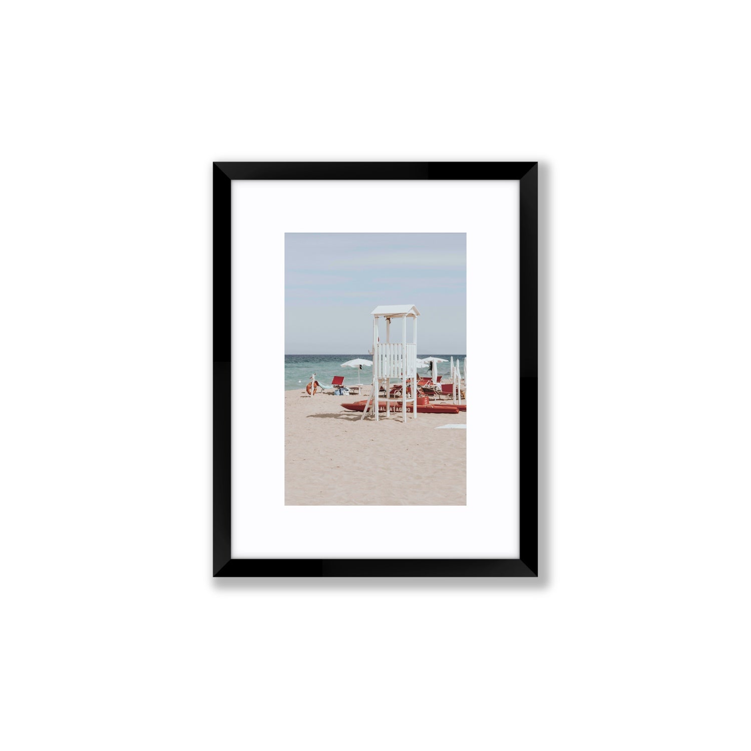 Barefoot Bliss Puglia beach Italian coastal decor wall art Small fine art print in black frame with matboard