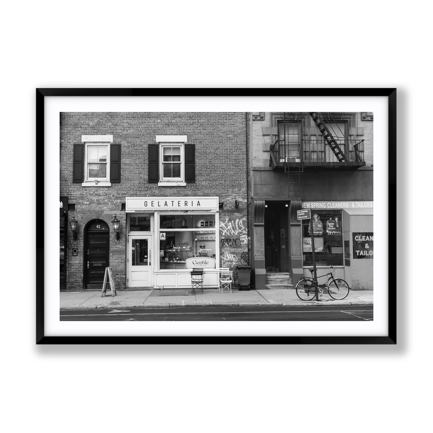 West Village Dolcezza New York NYC Black & White wall art Gallery fine art print in black frame with matboard