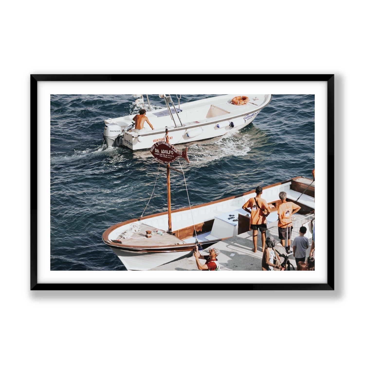 Water Taxi Positano wall art Gallery fine art print in black frame with matboard