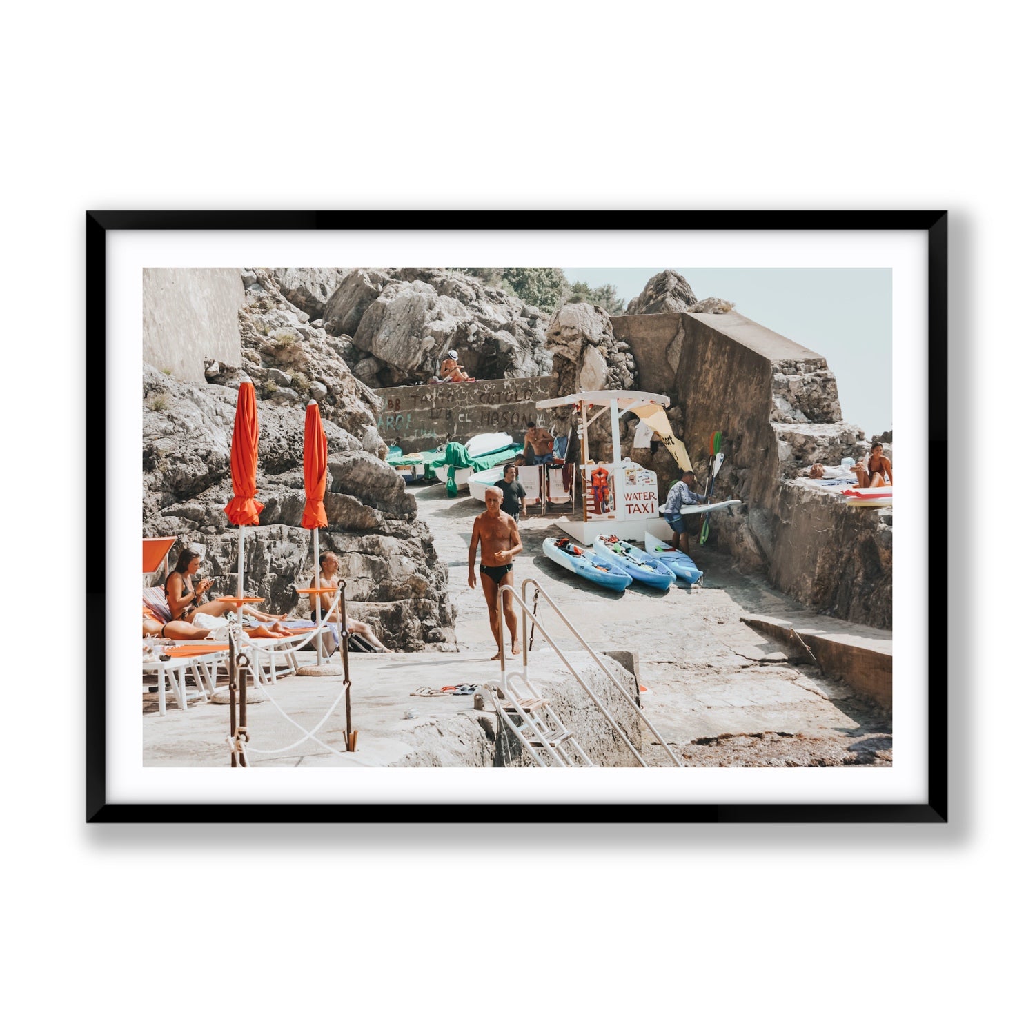 The Local Praiano Amalfi Coast Mediterranean wall art Gallery fine art print in black frame with matboard