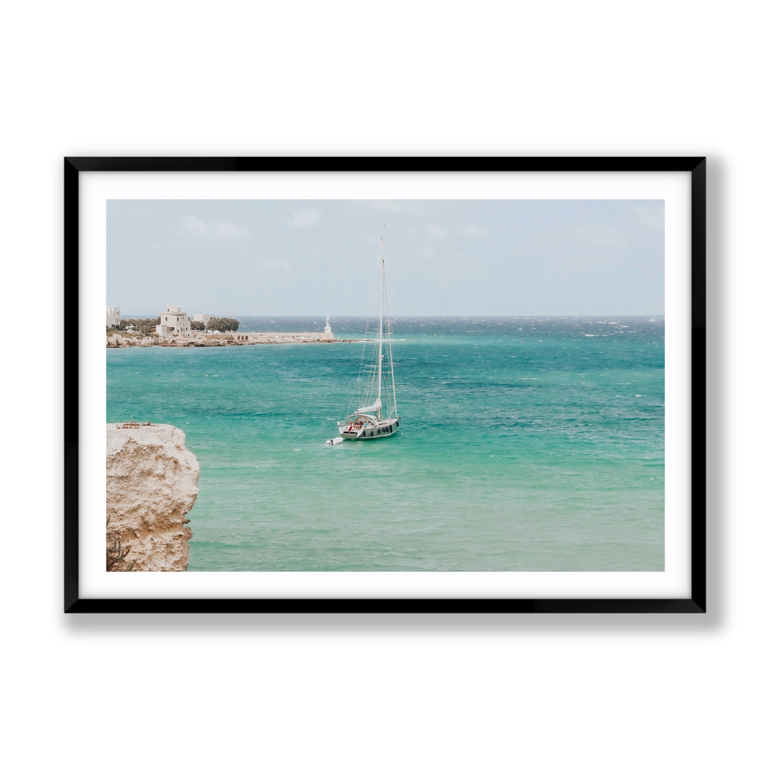 Adriatic Escape Puglia Italian coastal decor wall art Gallery fine art print in black frame with matboard