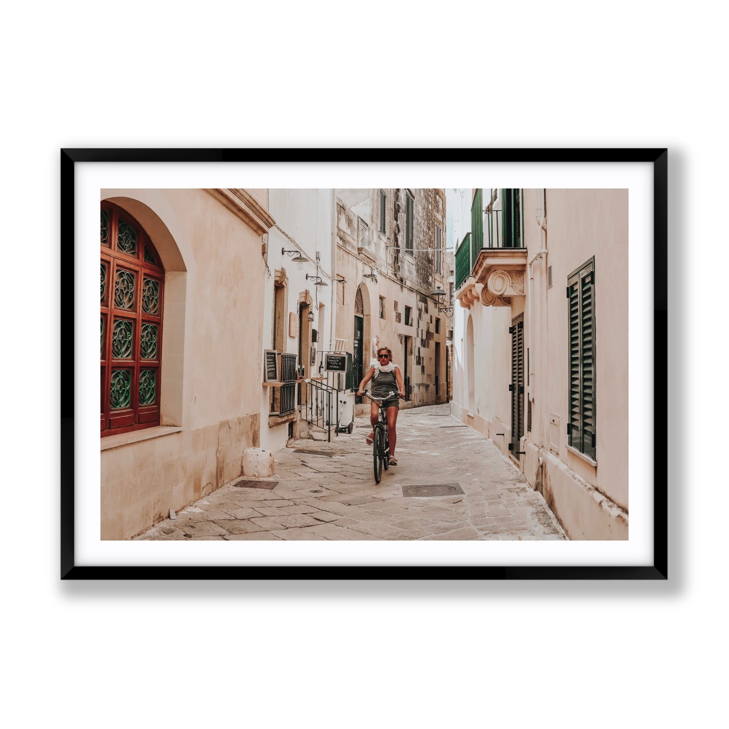 La Donna In Bicicletta Puglia Wall Italian fine art print Gallery fine art print in black frame with matboard