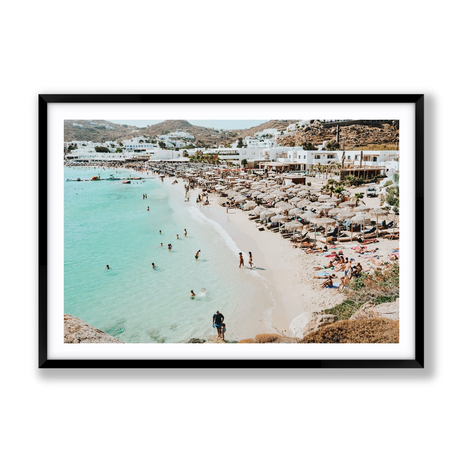 Aquaholic Mykonos Greek island wall art Gallery fine art print in black frame with matboard