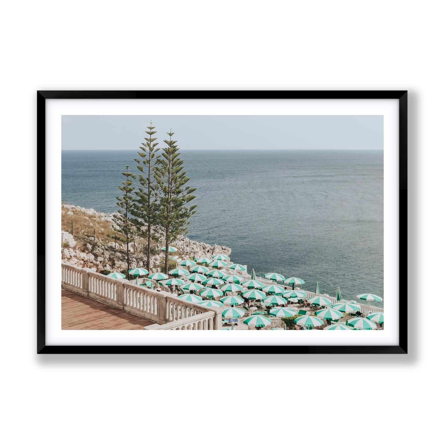 Azure Horizon Puglia beach coastal wall art Gallery fine art print in black frame with matboard