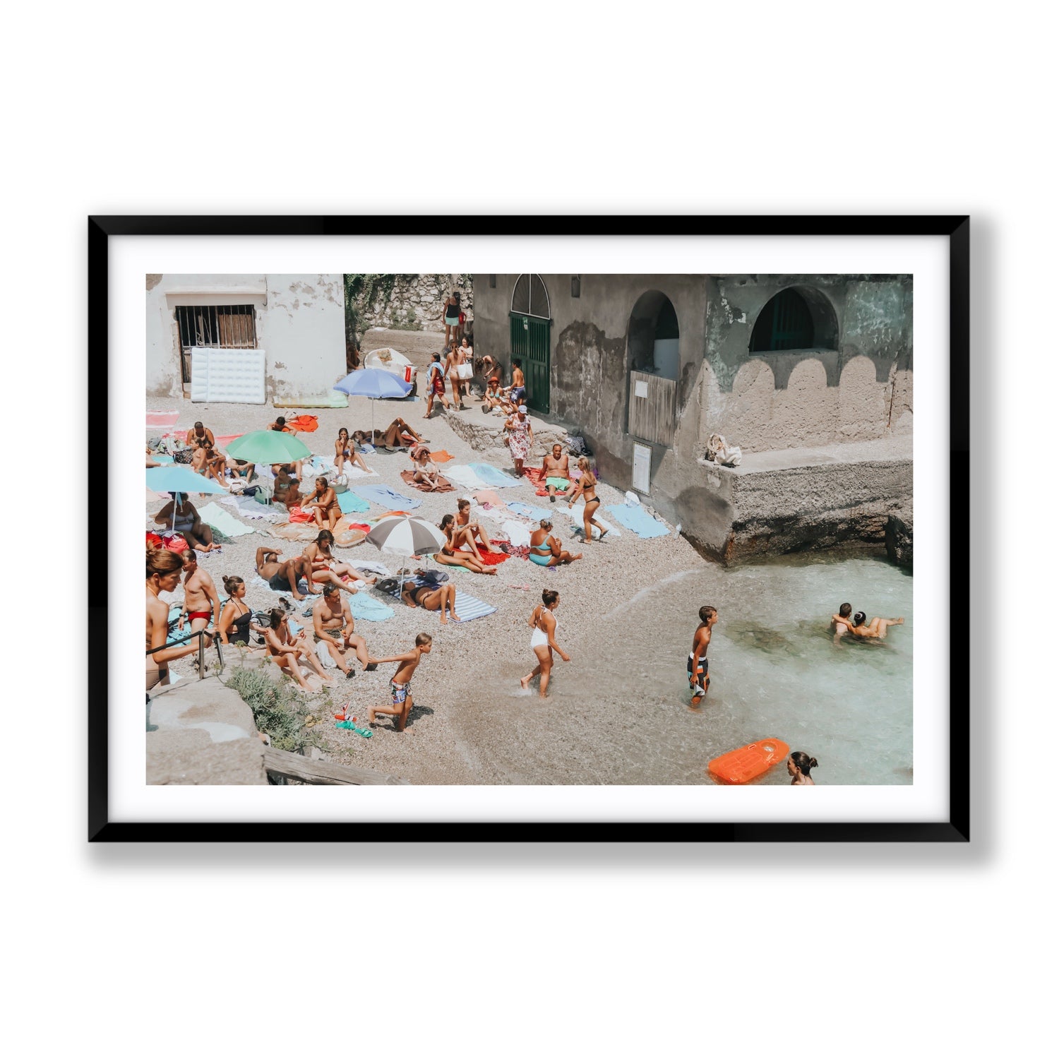 Heatwave Capri beach coastal wall art Gallery fine art print in black frame with matboard