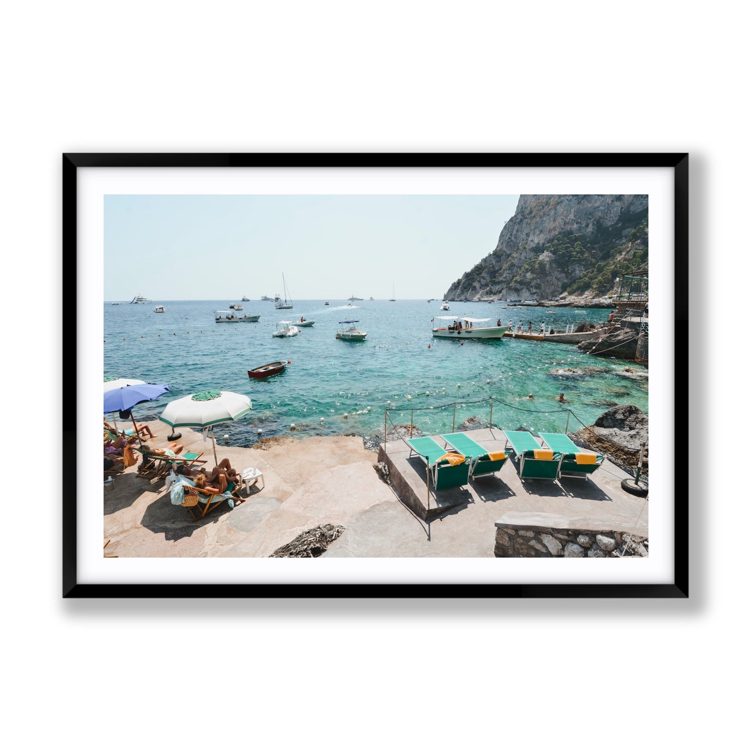 Save Me A Seat Capri Mediterranean wall art Gallery fine art print in black frame with matboard