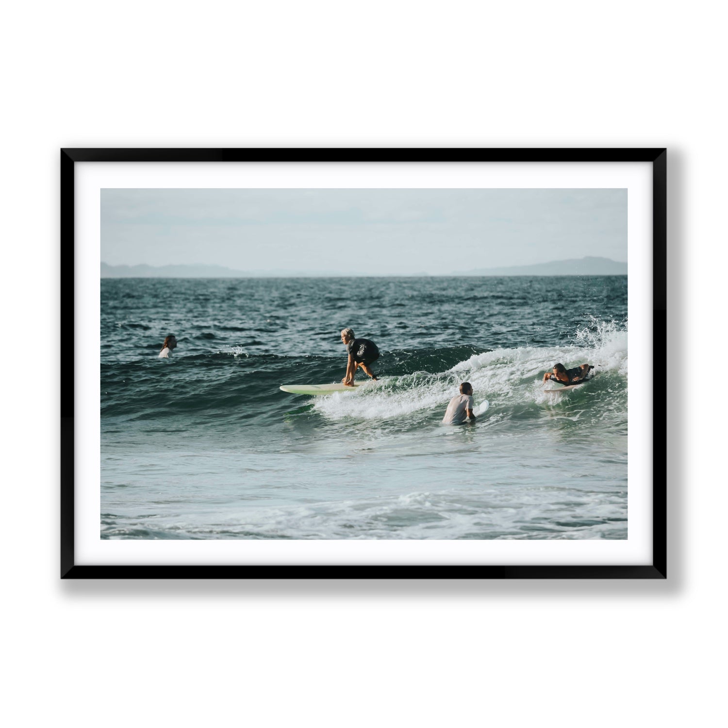 The Boys of Summer Byron Bay Surf coastal wall art Gallery fine art print in black frame with matboard