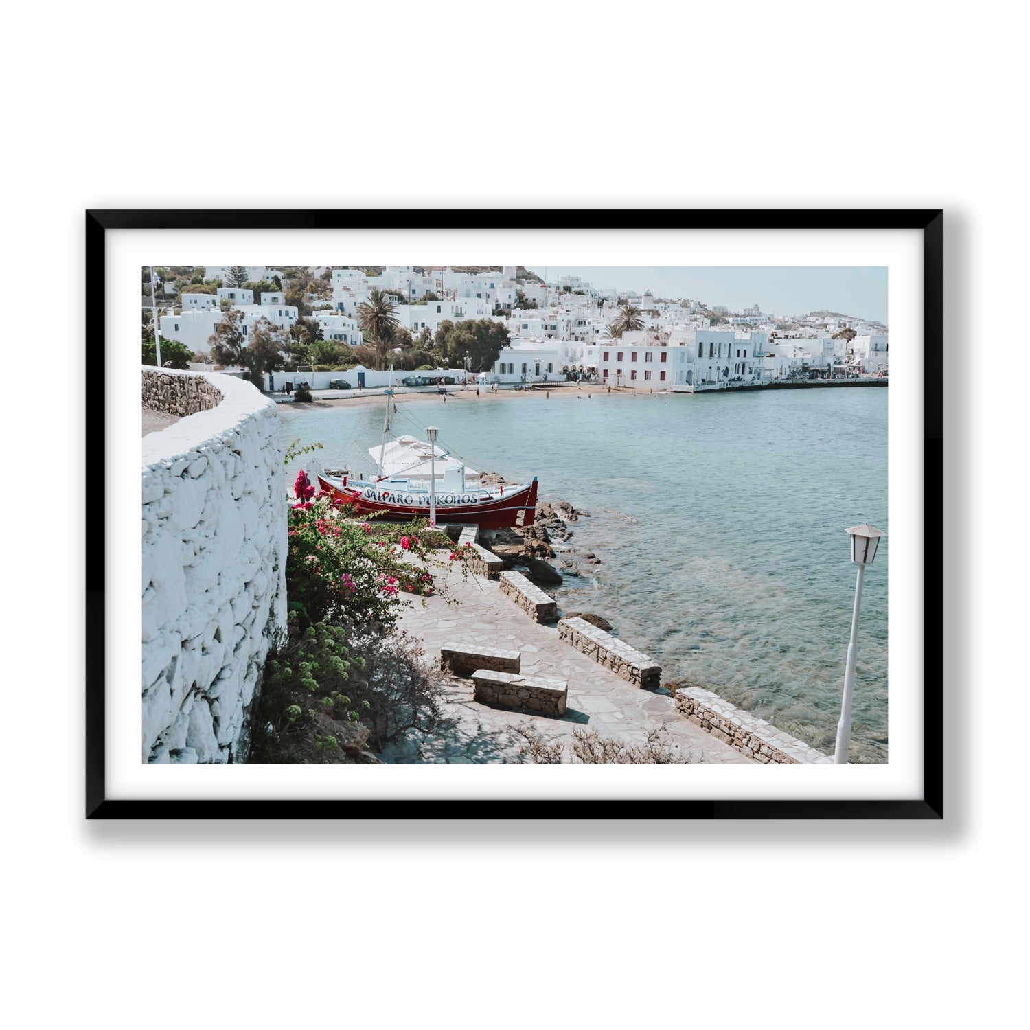 Harika Mykonos Greek island wall art Gallery fine art print in black frame with matboard