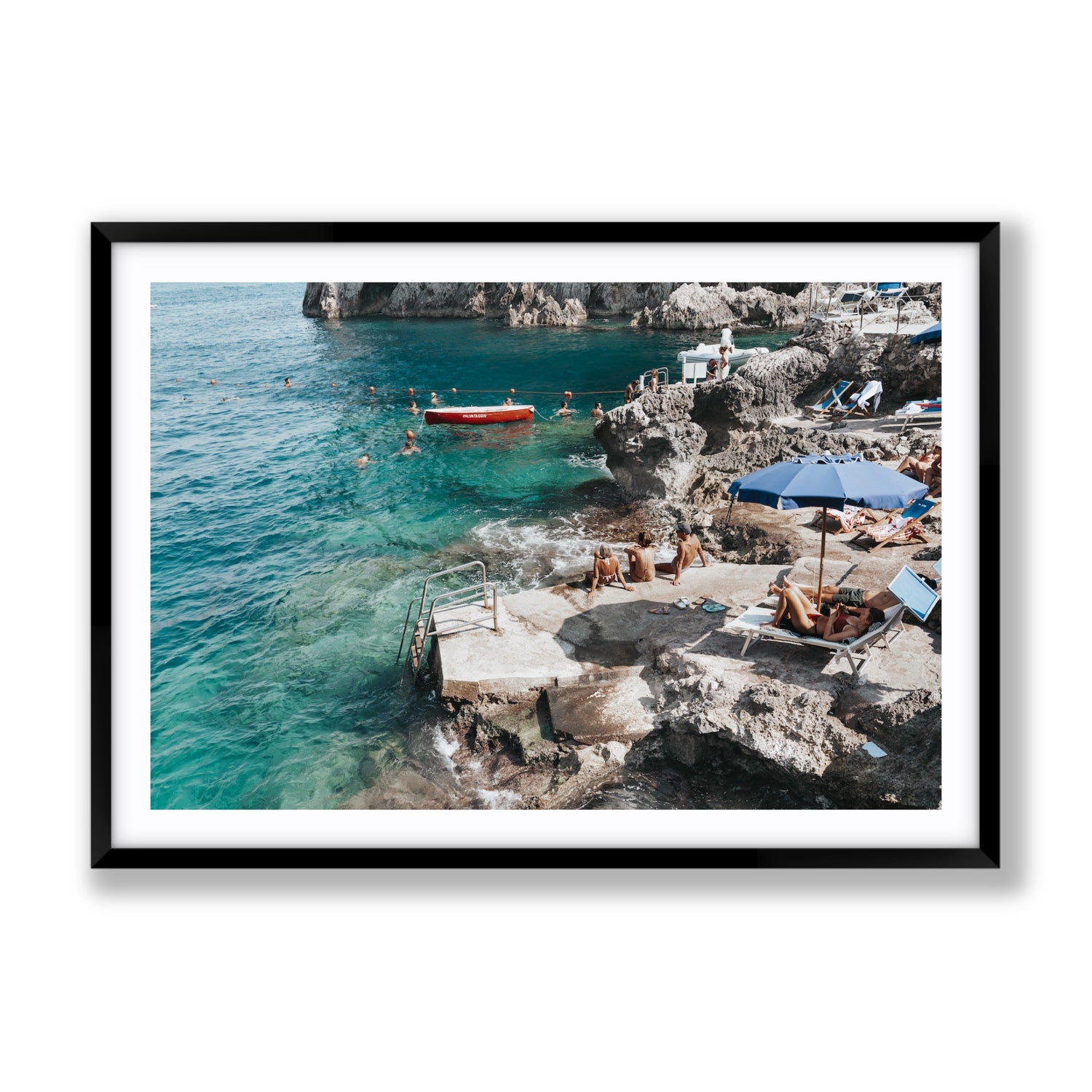 Serenity By The Sea Capri Mediterranean wall art Gallery fine art print in black frame with matboard