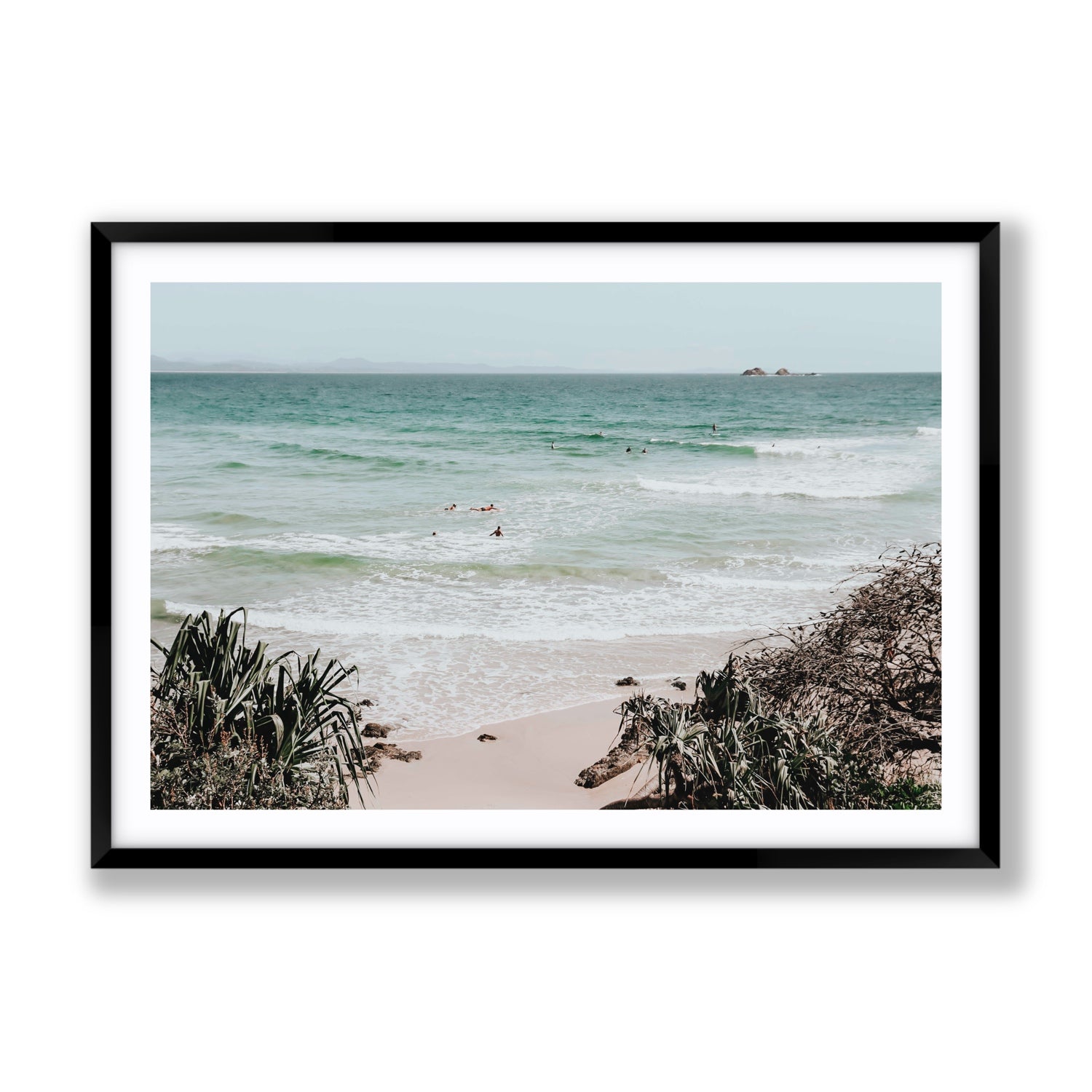 Surf City Byron Bay Surf coastal wall art Gallery fine art print in black frame with matboard