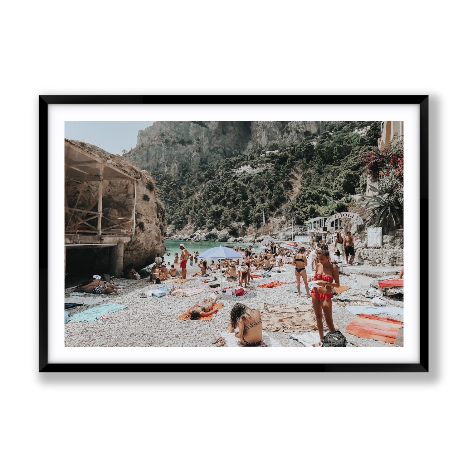 Spiaggia Da Gioia Capri beach coastal wall art Gallery fine art print in black frame with matboard