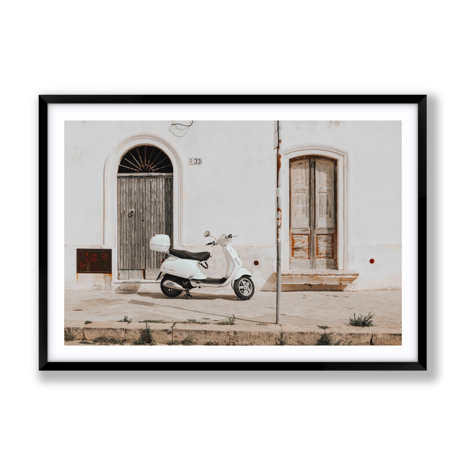 Vespa Nostalgia Puglia Italian wall art Gallery fine art print in black frame with matboard