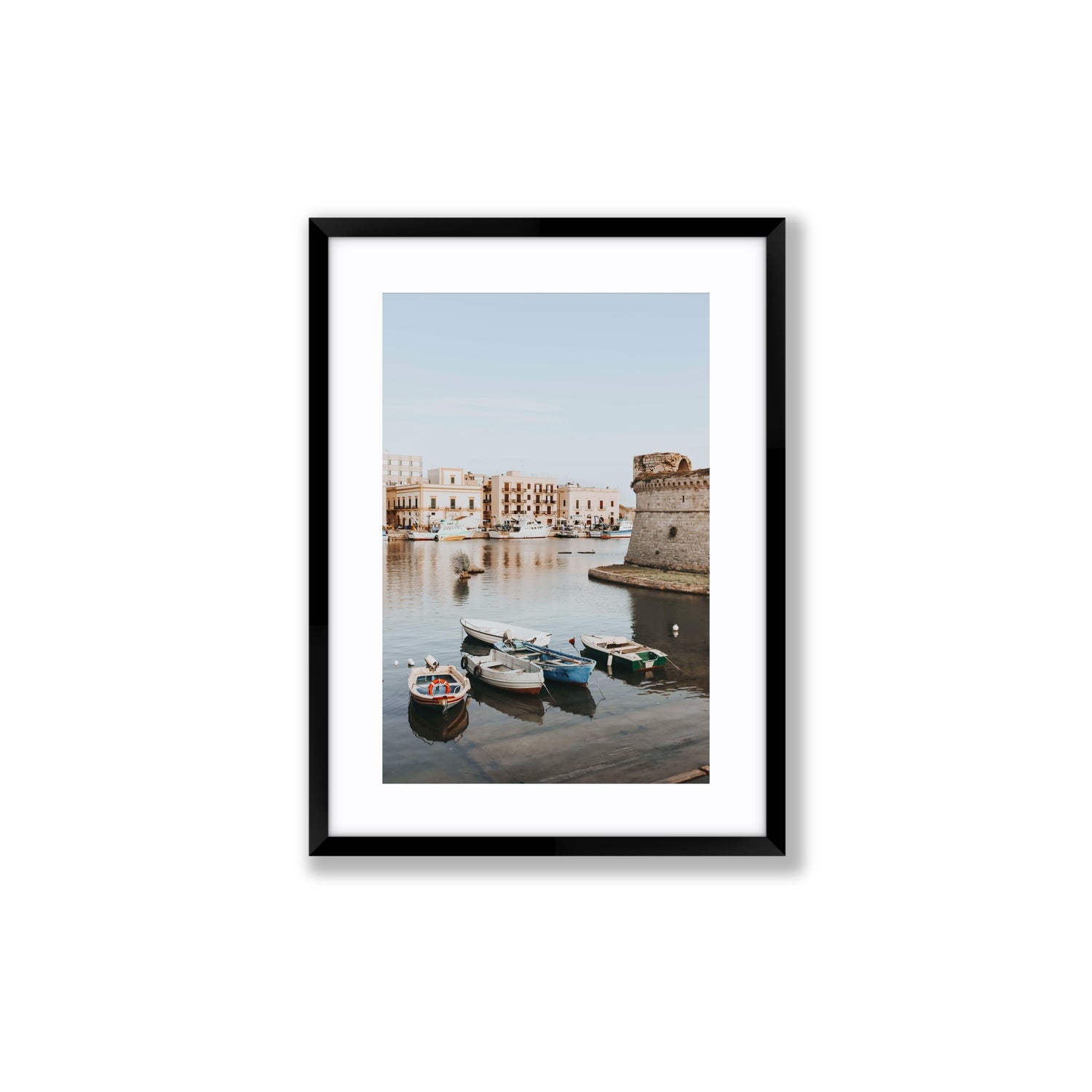 Gallipoli Harbour Puglia coastal wall art Medium fine art print in black frame with matboard