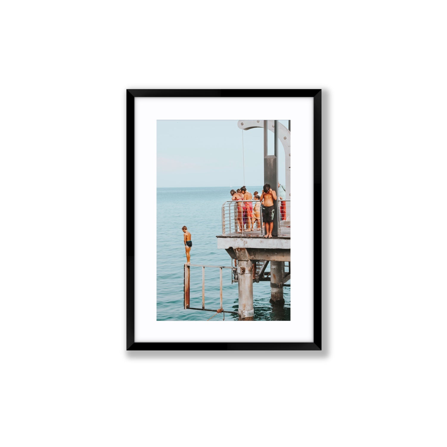 Golden Boy Alassio coastal decor wall art Medium fine art print in black frame with matboard