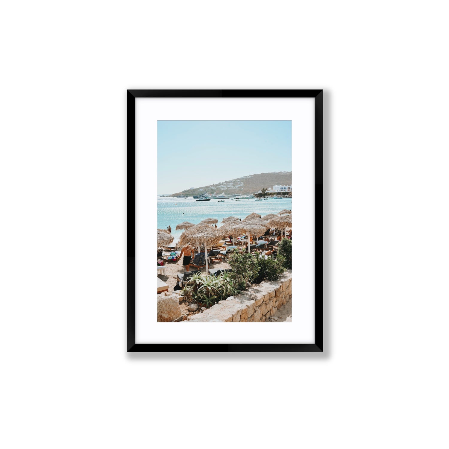 Beachside Huts Mykonos Greek island wall art Medium fine art print in black frame with matboard
