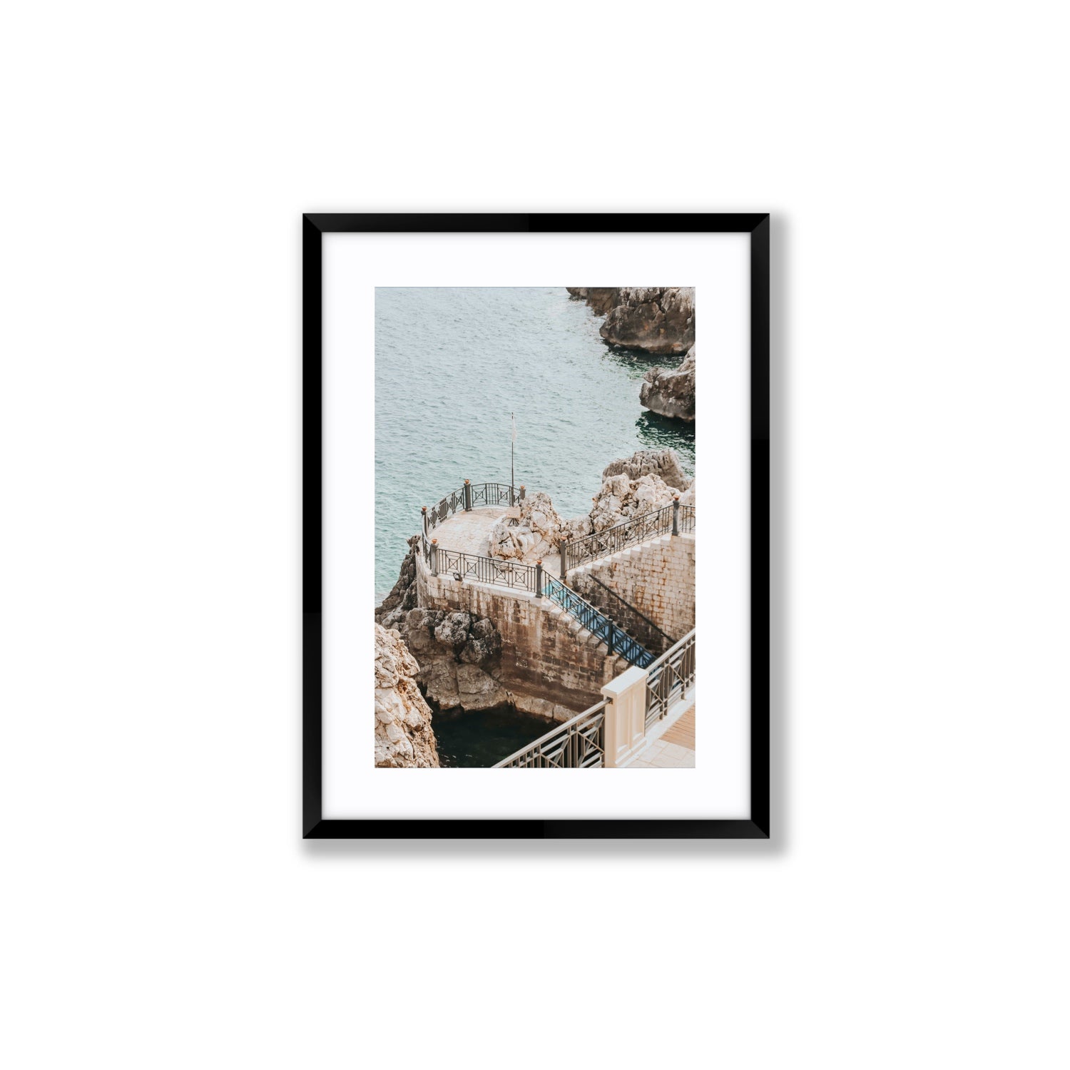 Tidal Staircase Puglia coastal Italian wall art Medium fine art print in black frame with matboard