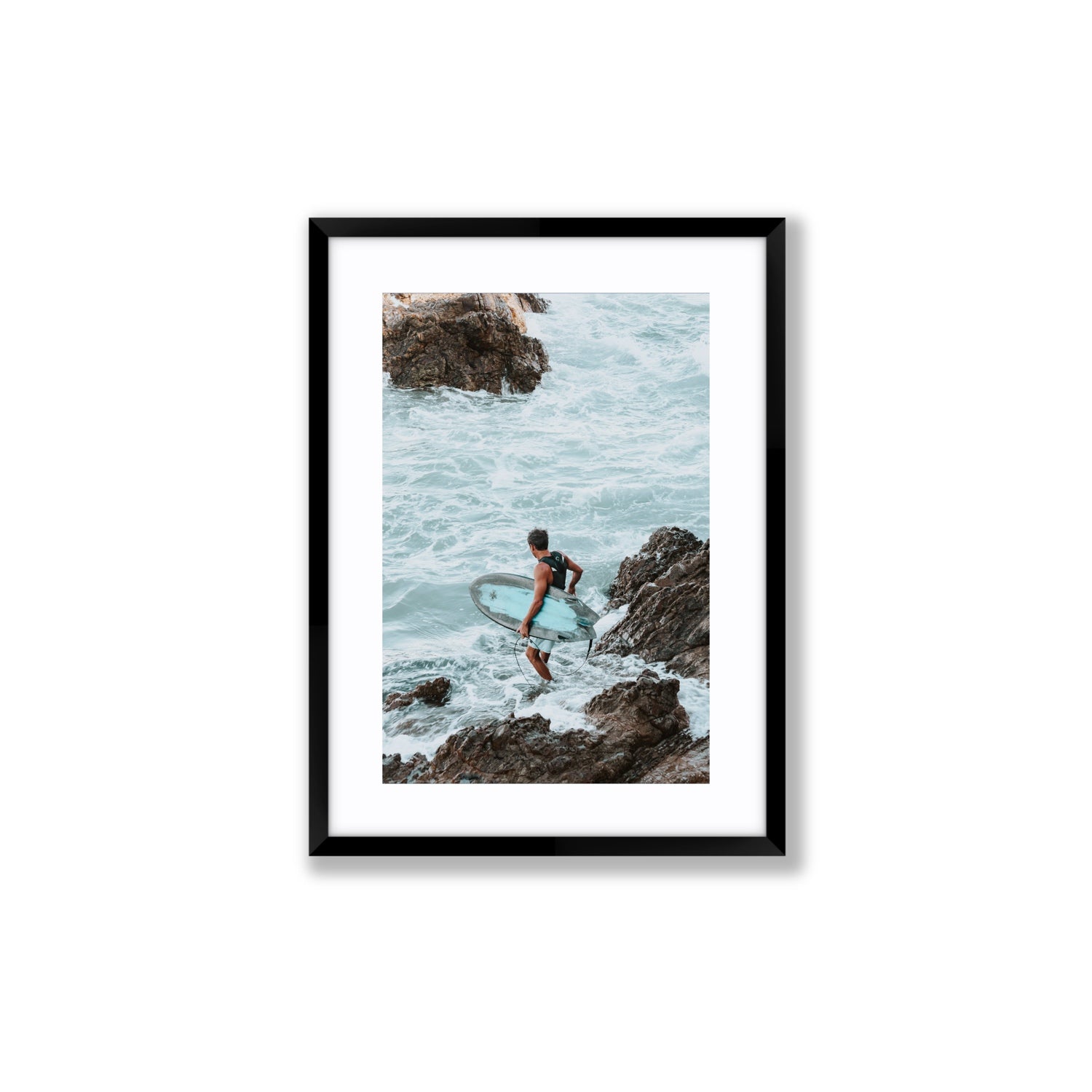 Into The Soup Byron Bay Surf coastal wall art Medium fine art print in black frame with matboard