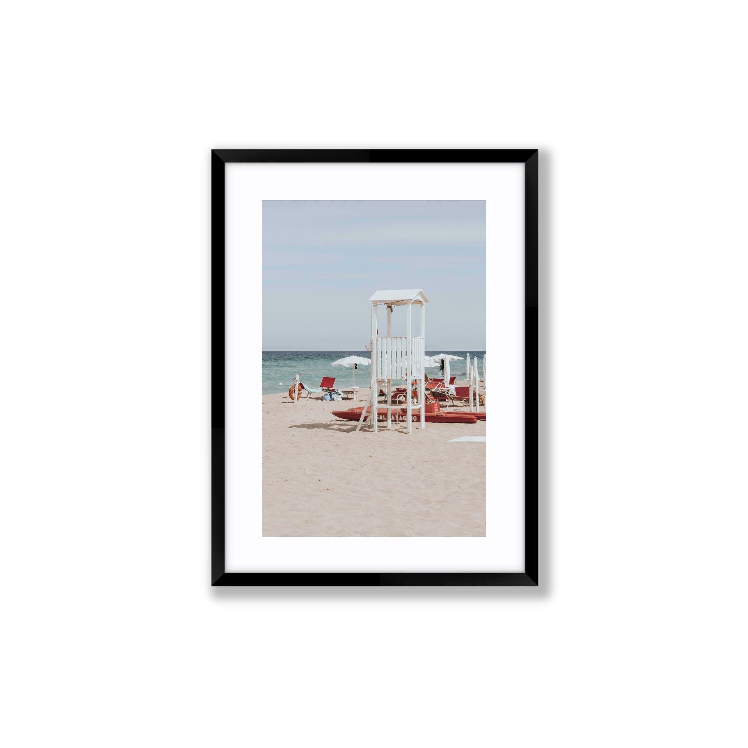 Barefoot Bliss Puglia beach Italian coastal decor wall art Medium fine art print in black frame with matboard