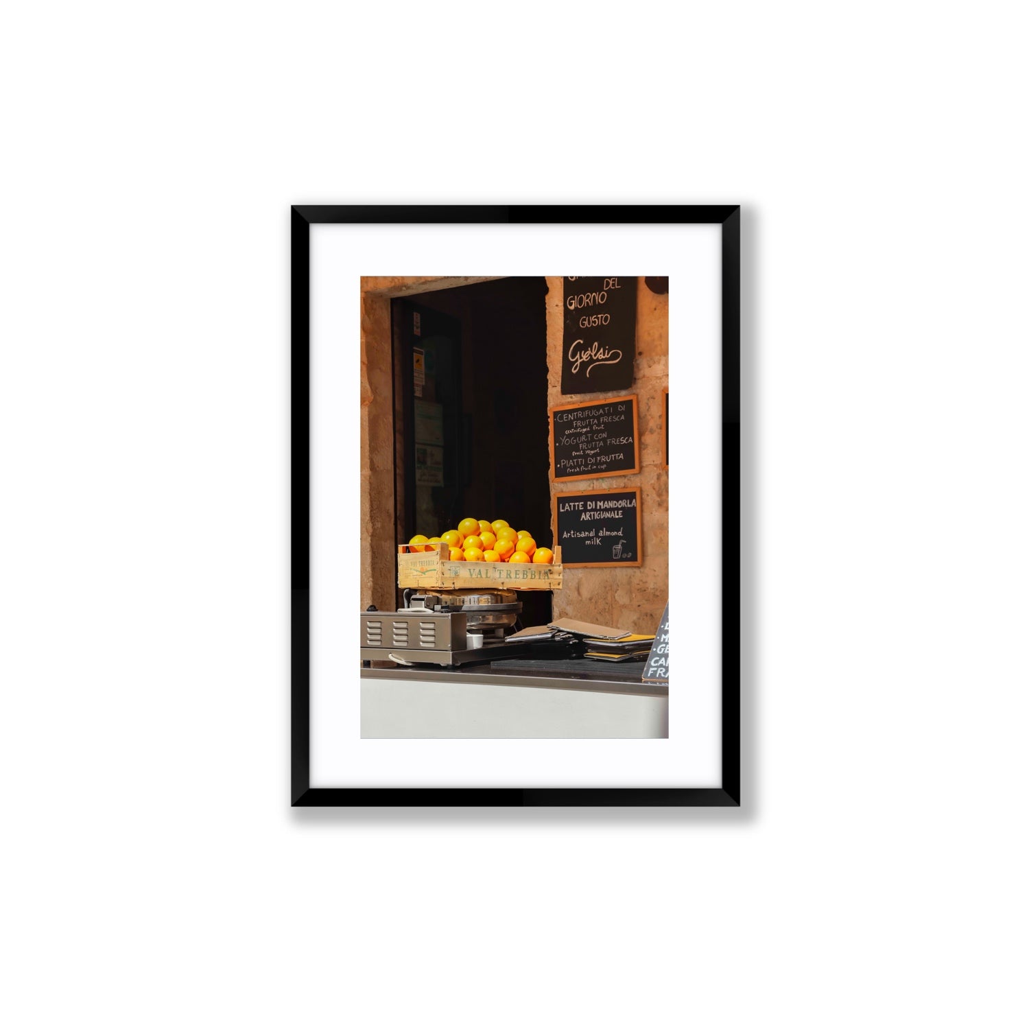 Luminous Citrus Puglia Ostuni Italian wall art Medium fine art print in black frame with matboard