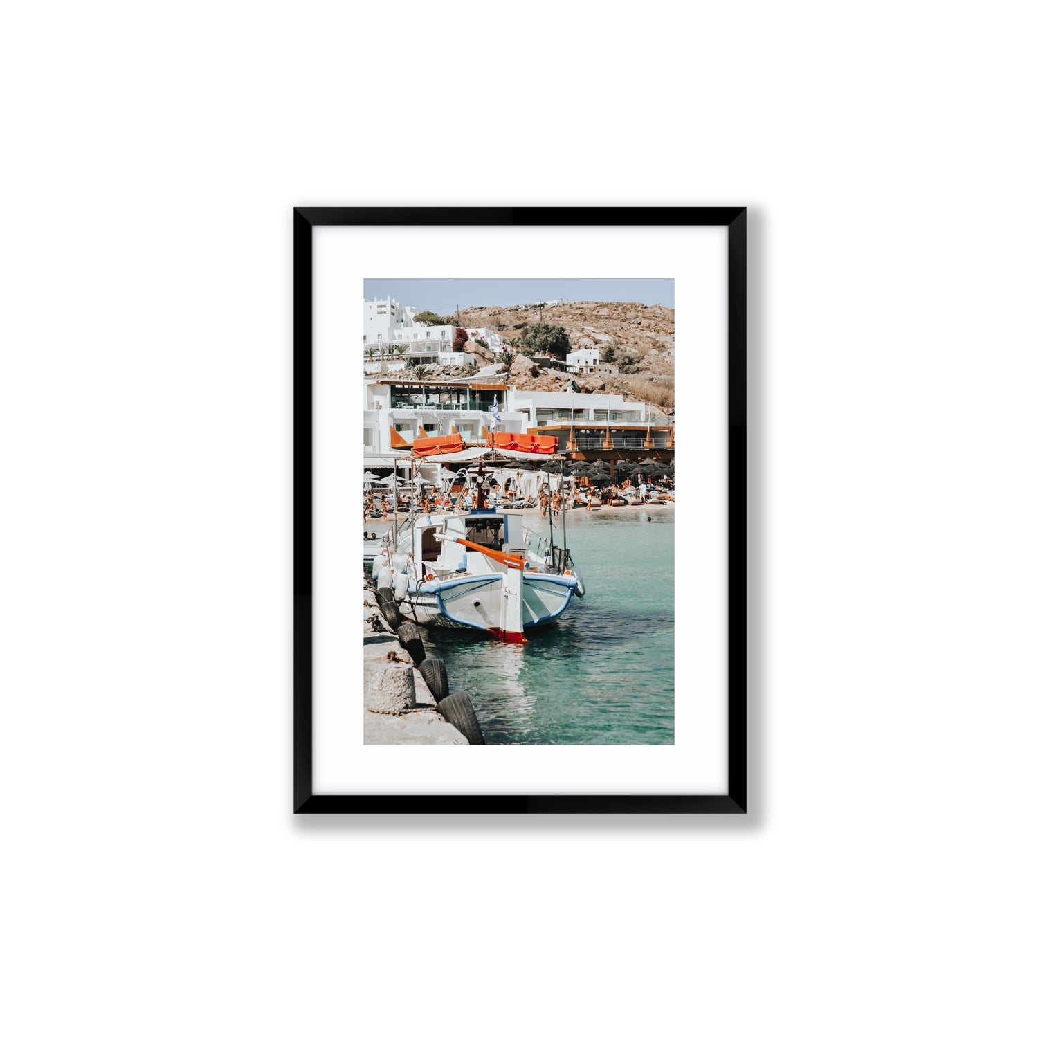 Travel In Style Mykonos Greek island wall art Medium fine art print in black frame with matboard