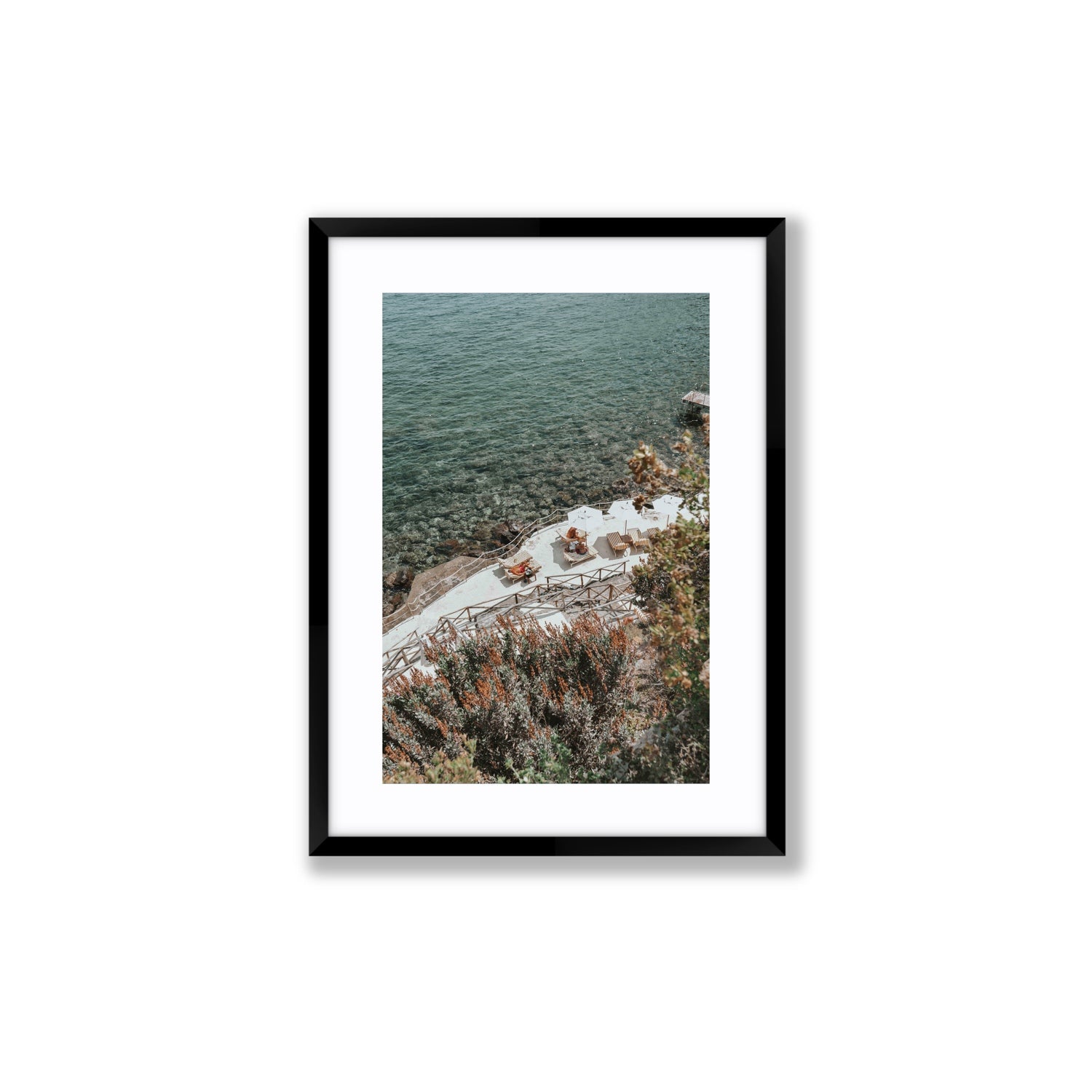 Hidden Gem Tuscany coastal wall art Medium fine art print in black frame with matboard