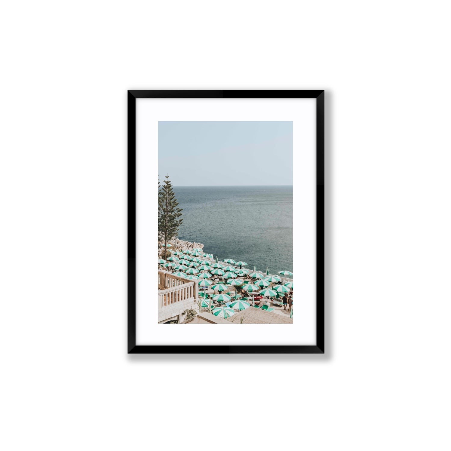 Sun-drenched Stripes Puglia beach coastal wall art Medium fine art print in black frame with matboard