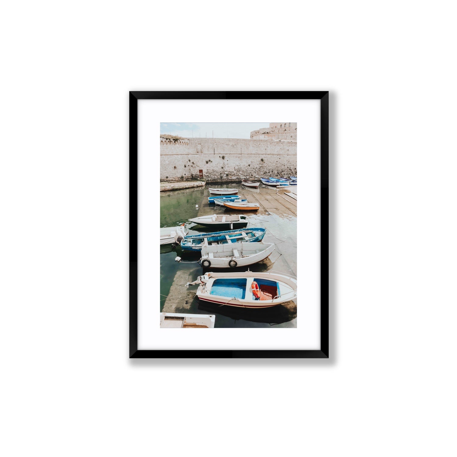 Harbour Palette Puglia coastal photography wall art Medium fine art print in black frame with matboard