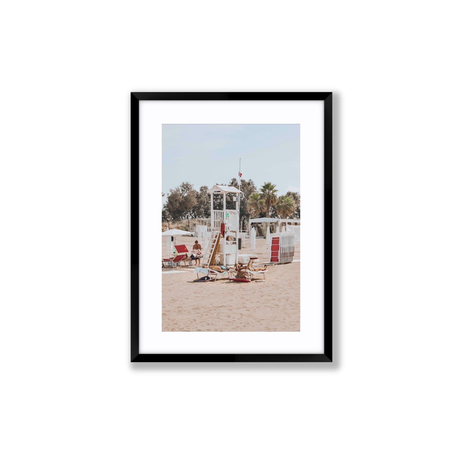 Red Lounge Reverie Puglia beach coastal wall art Medium fine art print in black frame with matboard