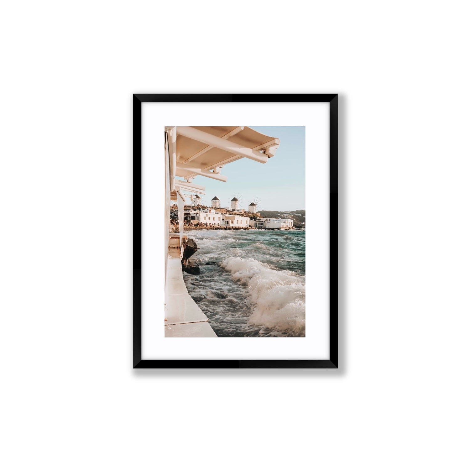 Windmills Mykonos Greek island wall art Medium fine art print in black frame with matboard
