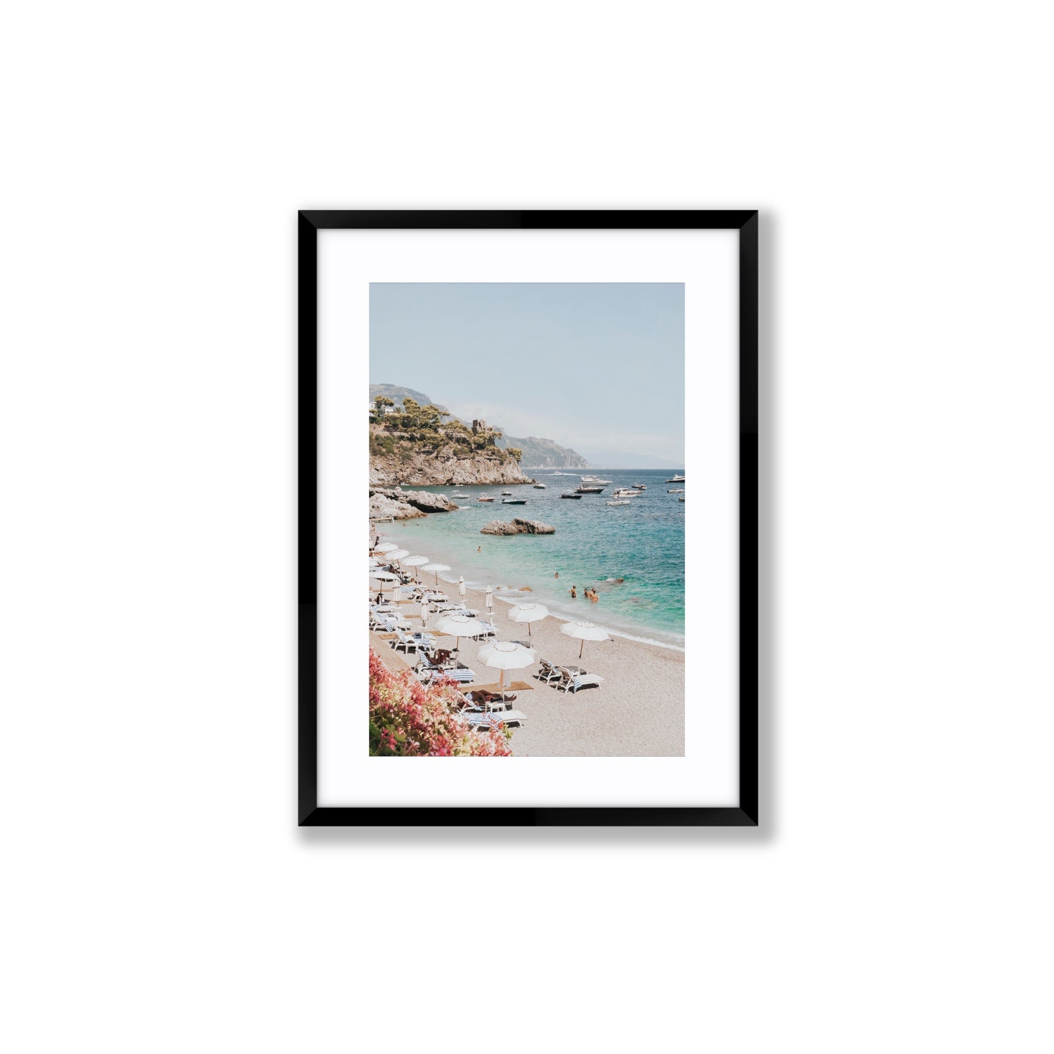 Seaview Refuge Amalfi coastal wall art medium fine art print in black frame with matboard