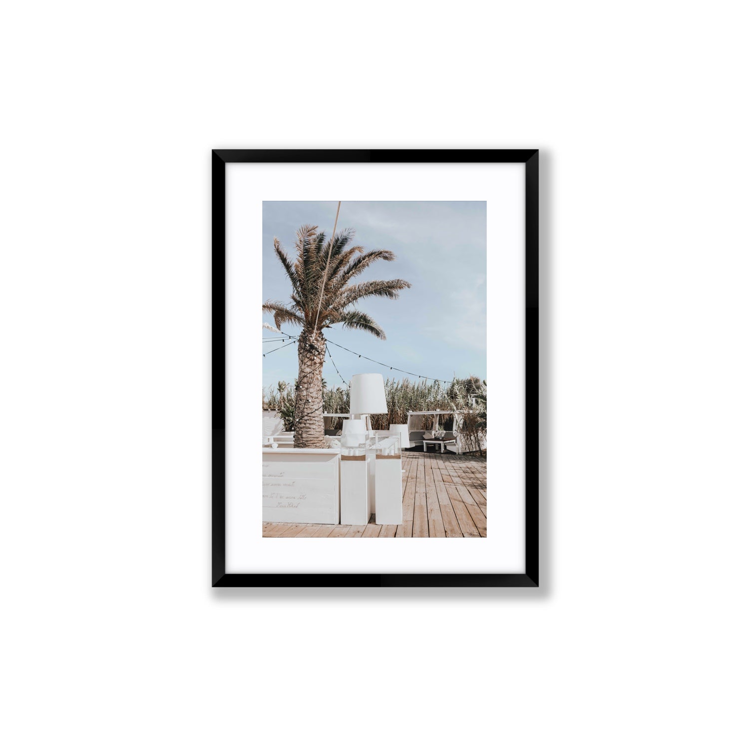 Seabreeze Palm Puglia coastal beach wall art Medium fine art print in black frame with matboard