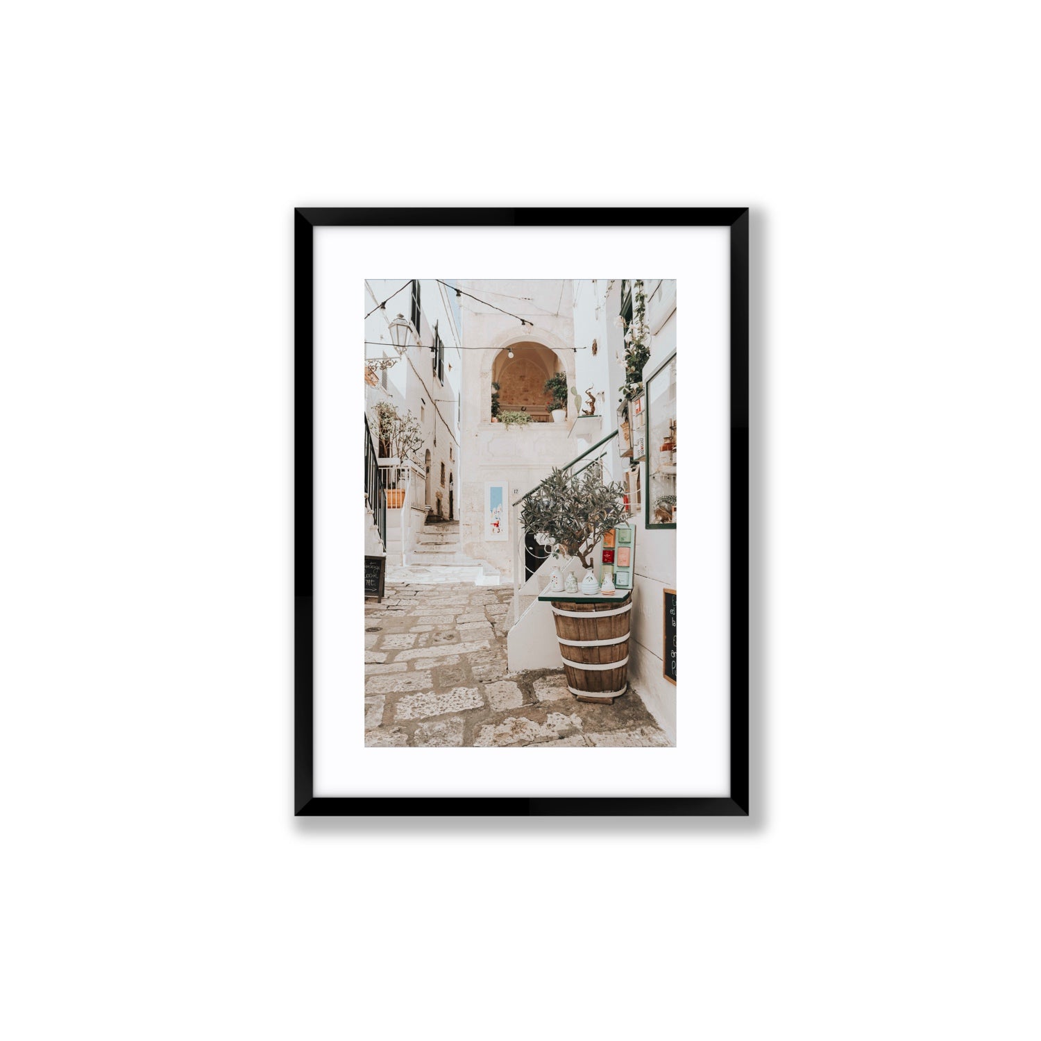 Olive Tree Lane Puglia Ostuni Mediterranean decor wall art Medium fine art print in black frame with matboard