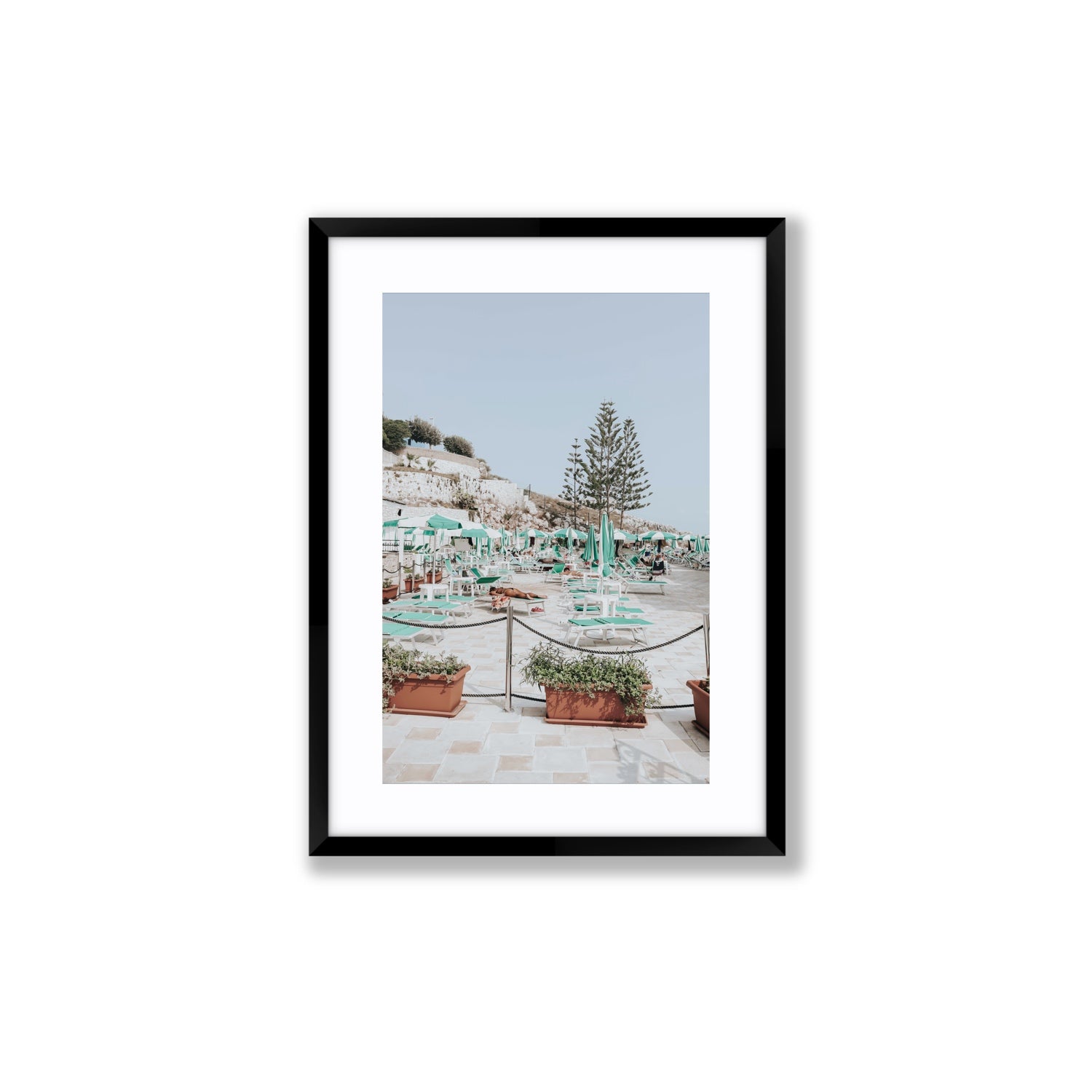 Siesta on The Terrace Puglia coastal wall art Medium fine art print in black frame with matboard