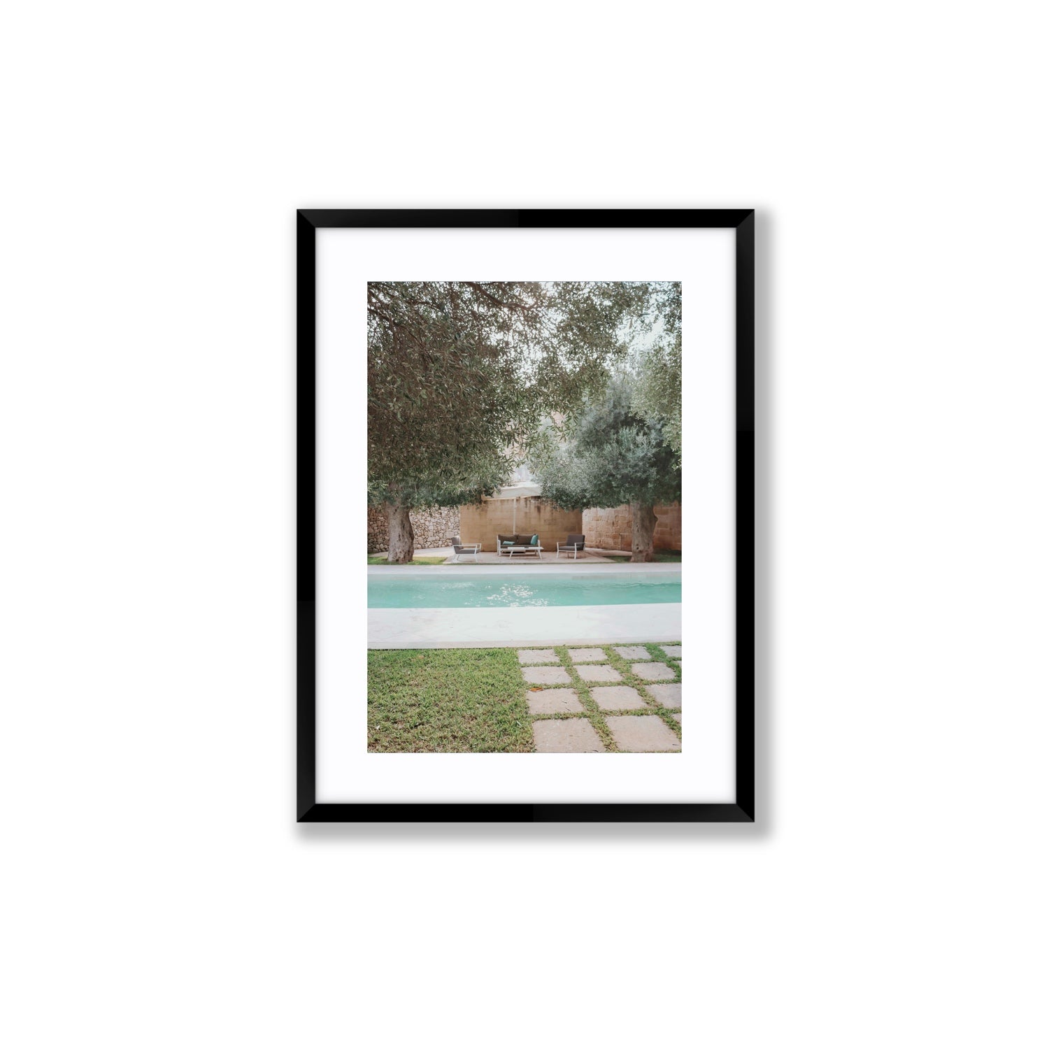 Idyllic Escape Puglia Mediterranean wall art Medium fine art print in black frame with matboard
