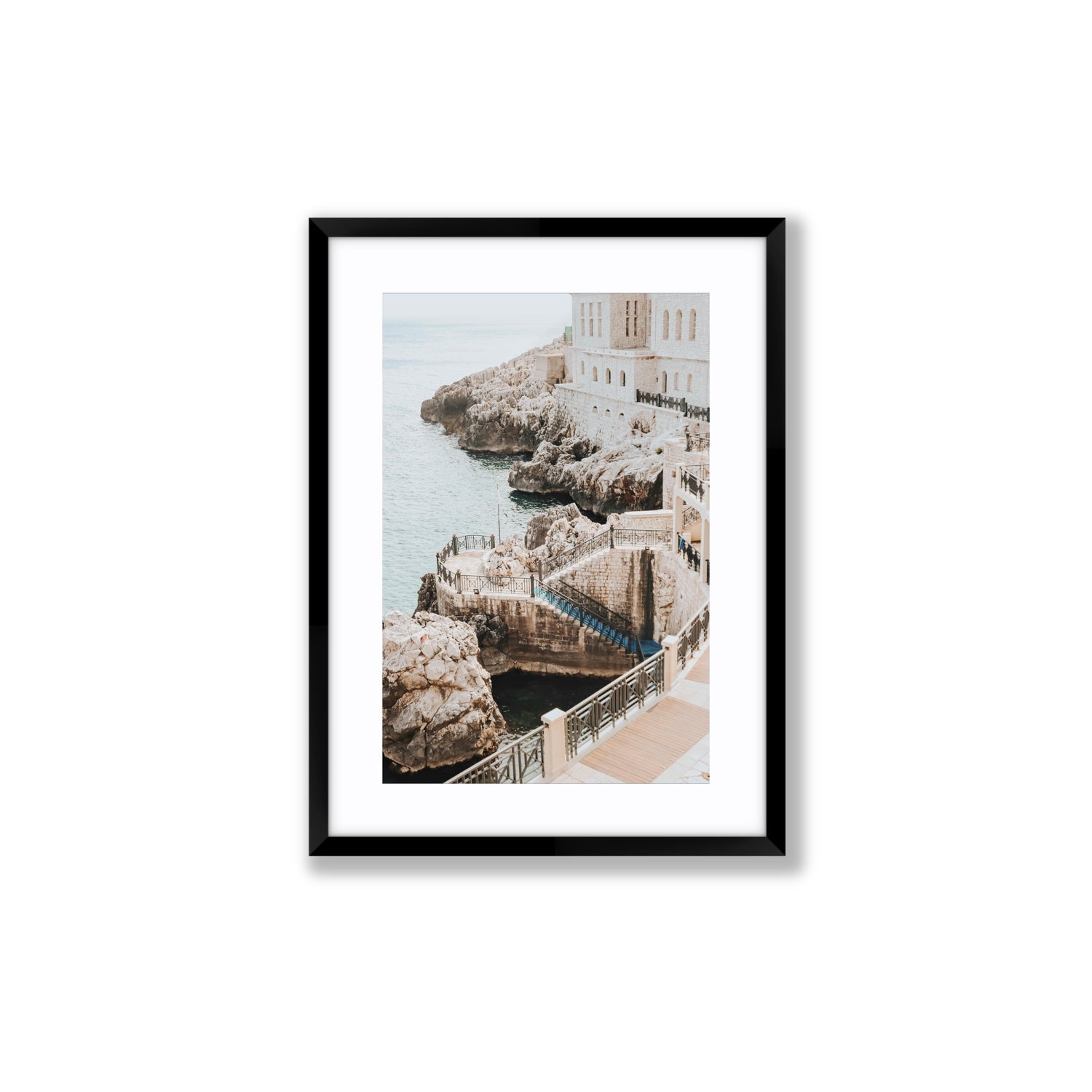 Wellness Centre Puglia coastal wall art Medium fine art print in black frame with matboard