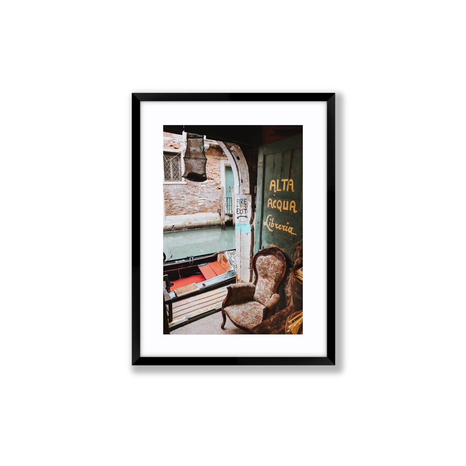 Alta Acqua Venice Bookstore wall art Medium fine art print in black frame with matboard