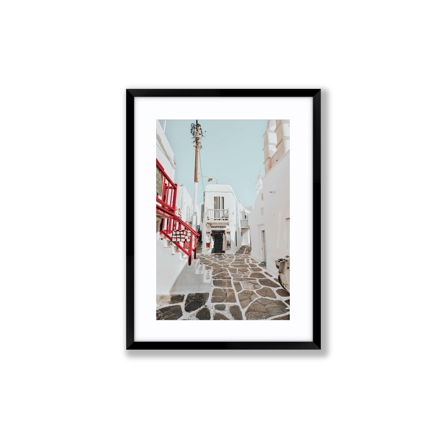 Happiness Mykonos Greek island wall art Medium fine art print in black frame with matboard