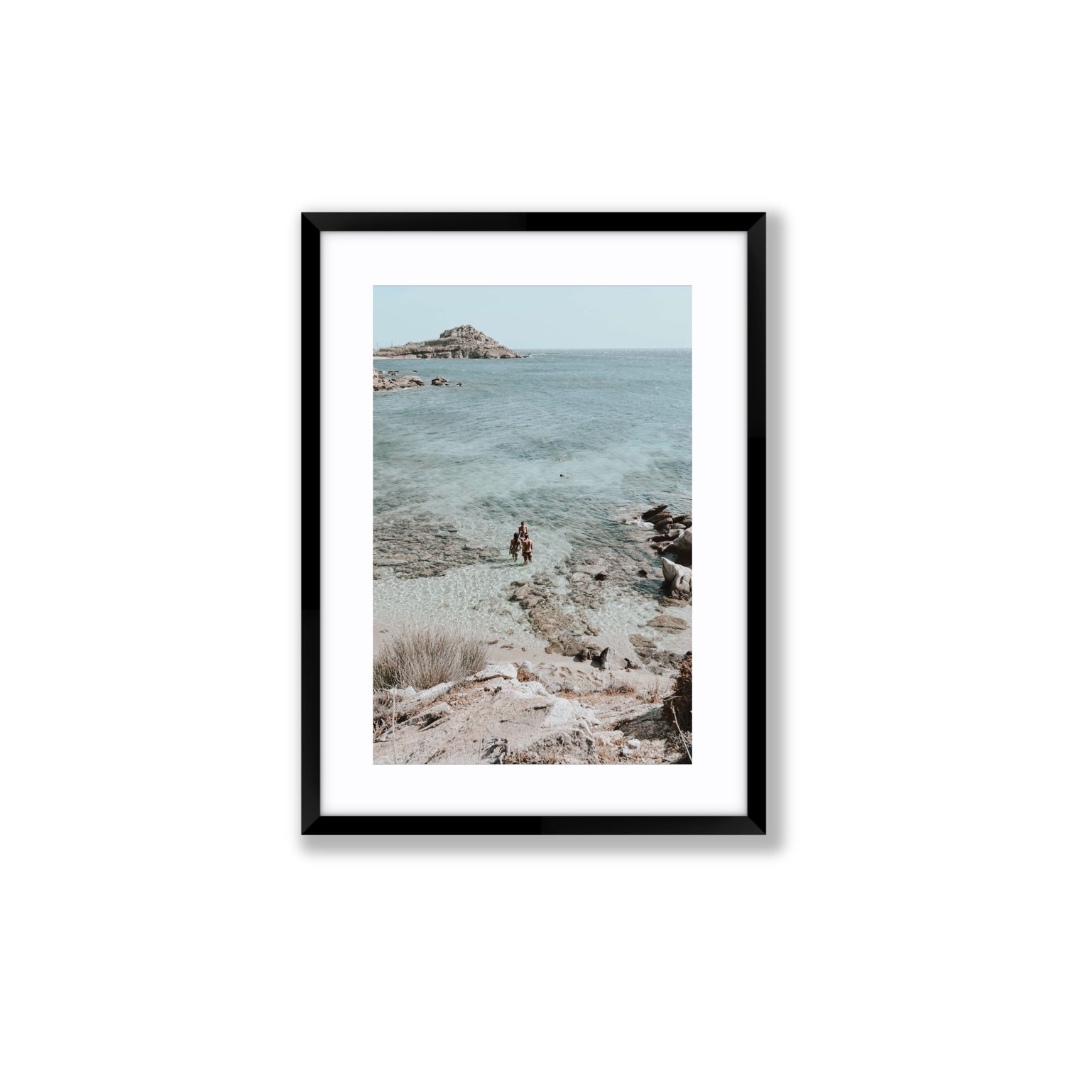Island Life Mykonos coastal Greek island wall art Medium fine art print in black frame with matboard