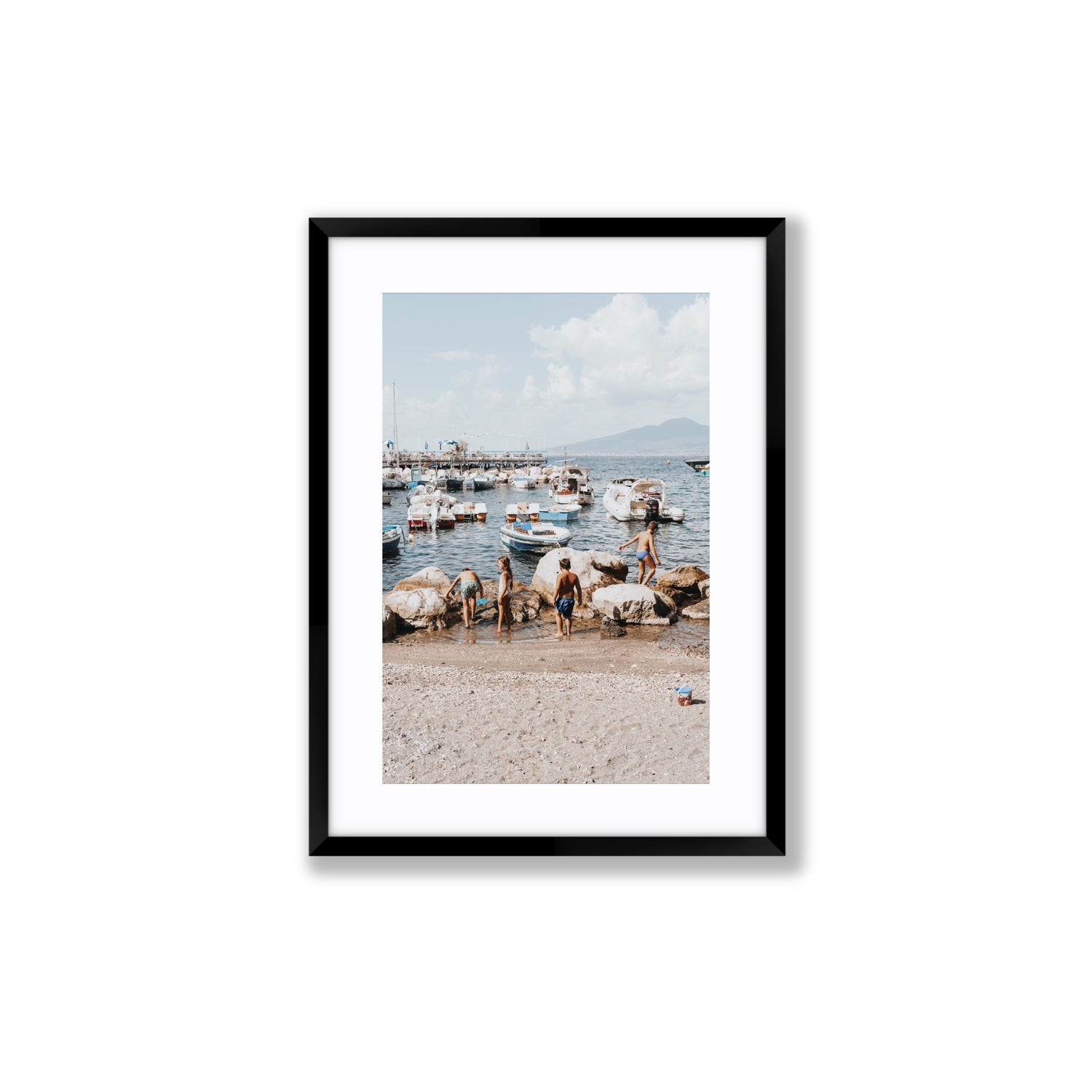 Searching For Treasures Sorrento coastal wall art Medium fine art print in black frame with matboard