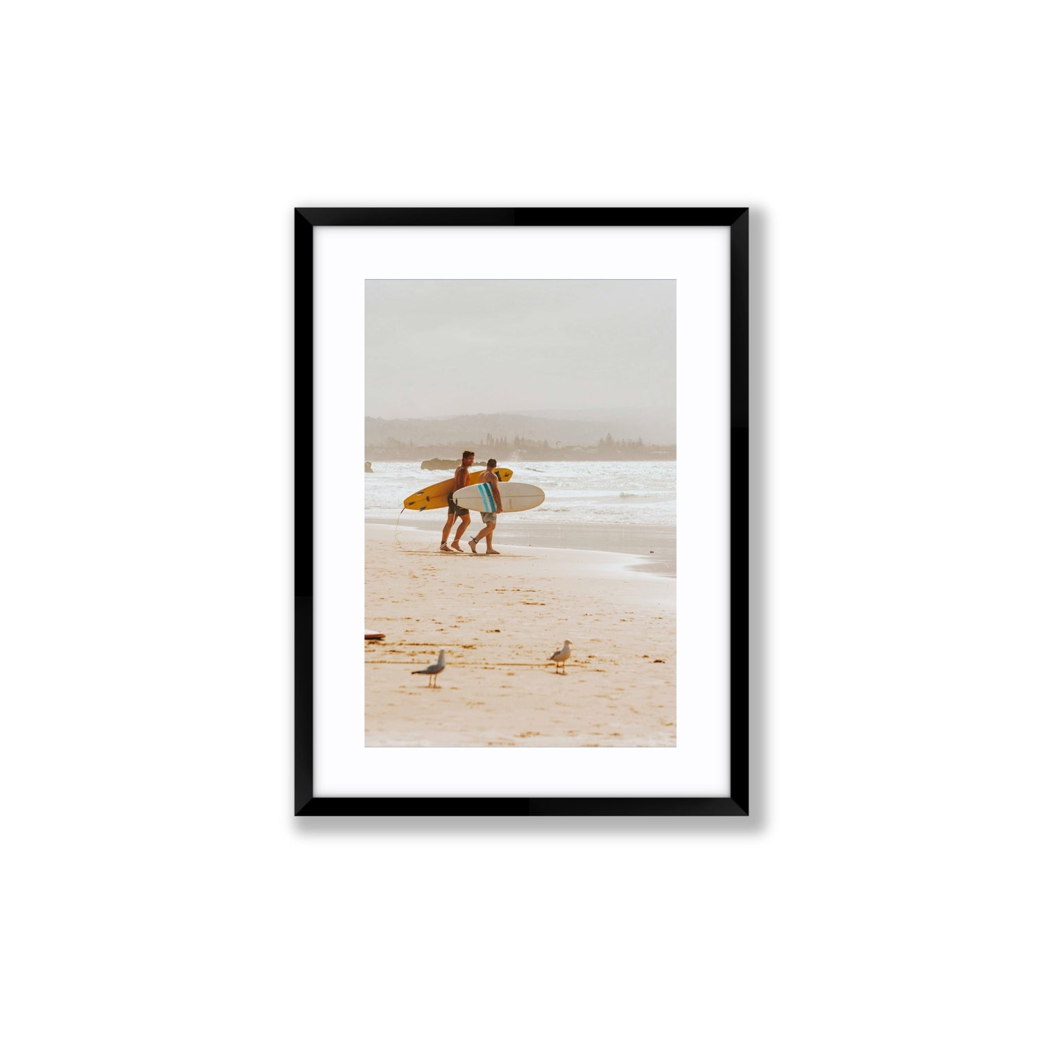 Shane & Benji Byron Bay Surf coastal wall art Medium fine art print in black frame with matboard