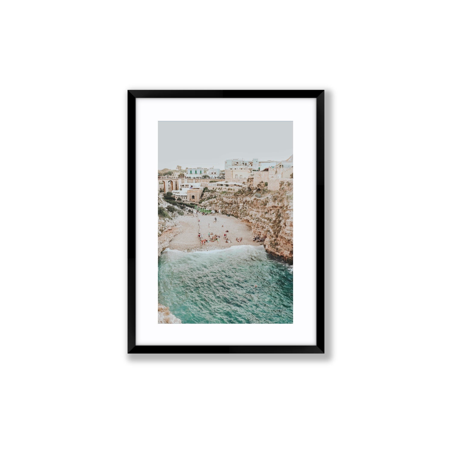 Polignano Vista Puglia coastal Italian beach fine art print Medium fine art print in black frame with matboard