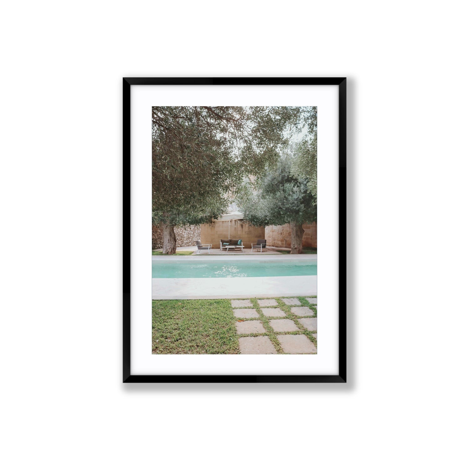 Idyllic Escape Puglia Mediterranean wall art Large fine art print in black frame with matboard