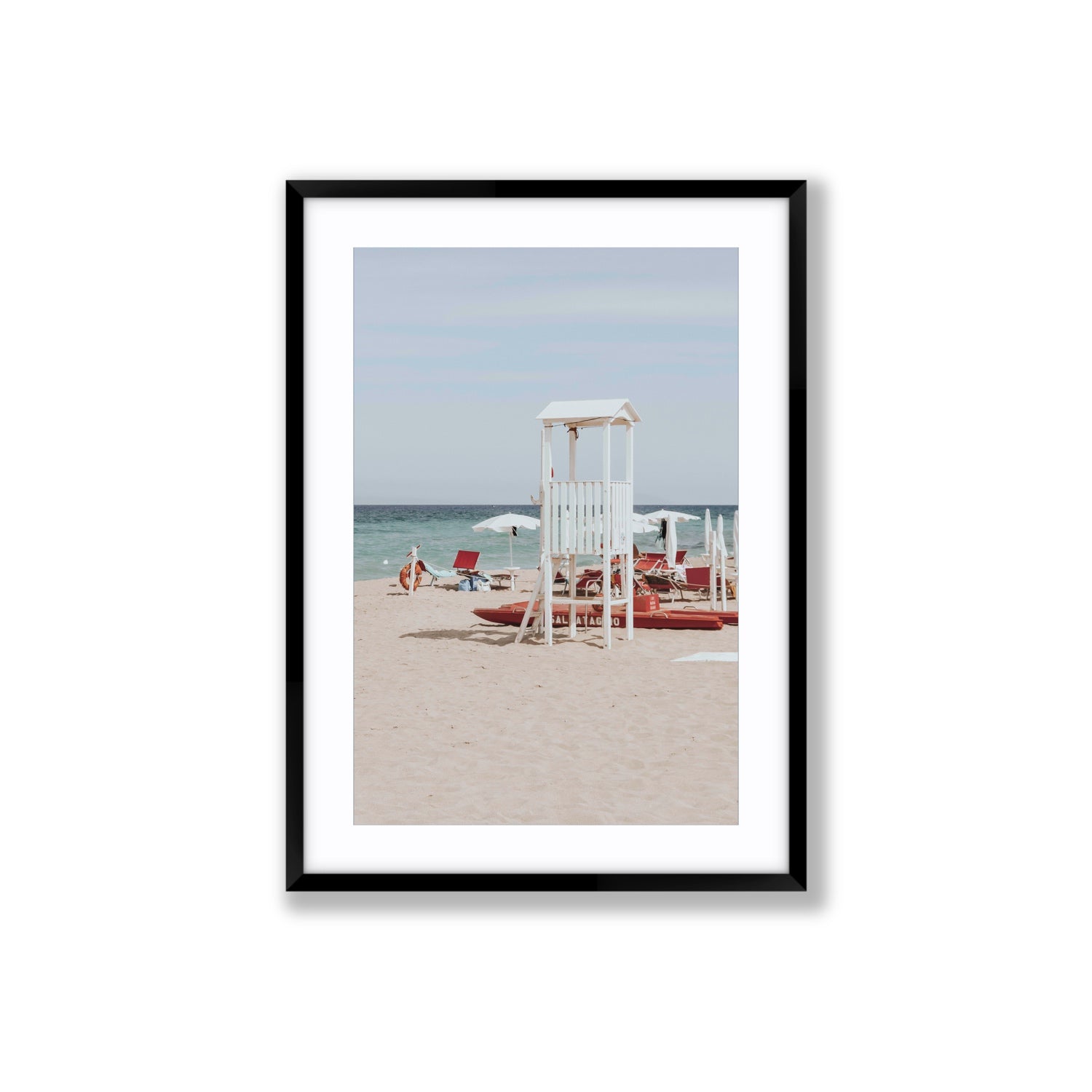 Barefoot Bliss Puglia beach Italian coastal decor wall art Large fine art print in black frame with matboard