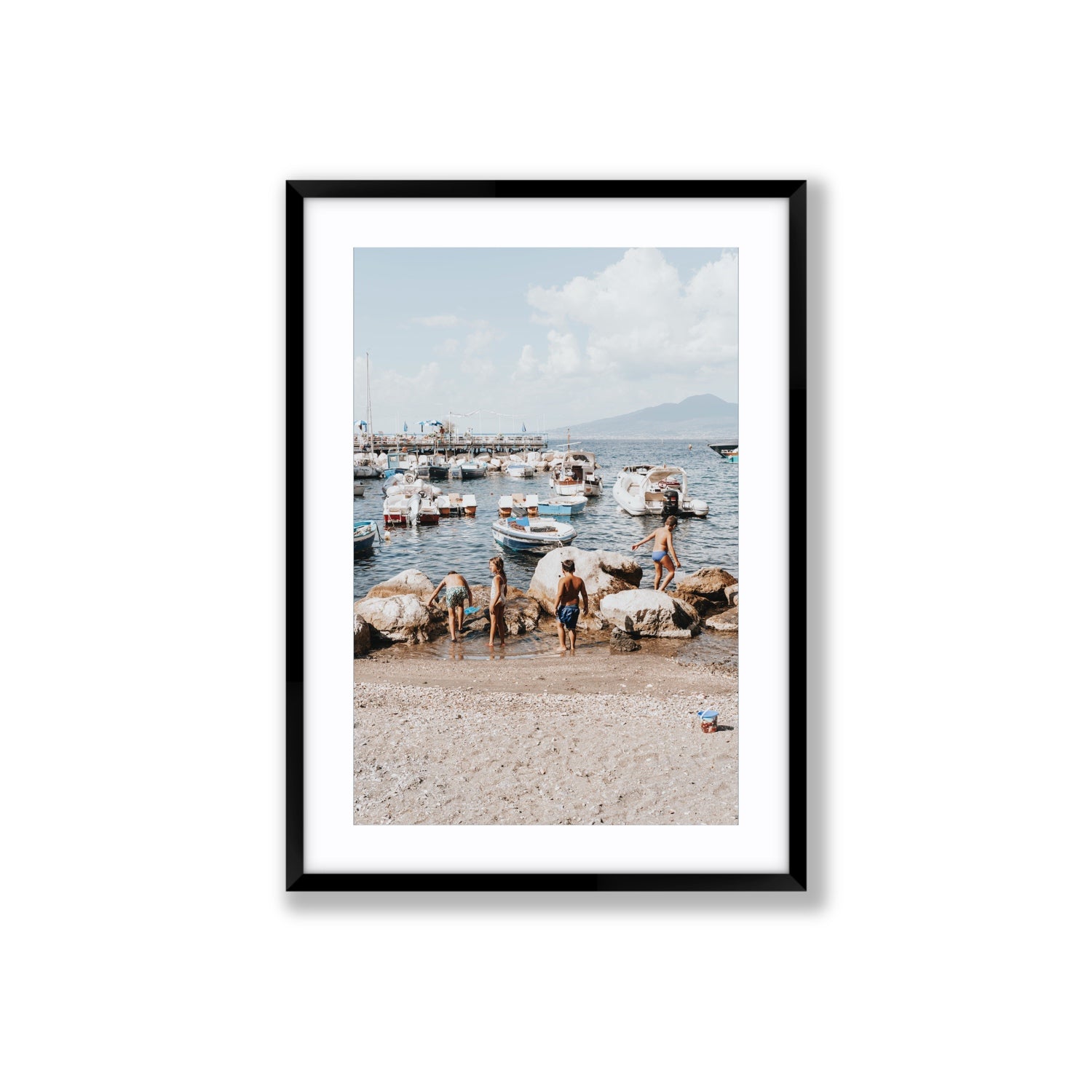 Searching For Treasures Sorrento coastal wall art Large fine art print in black frame with matboard