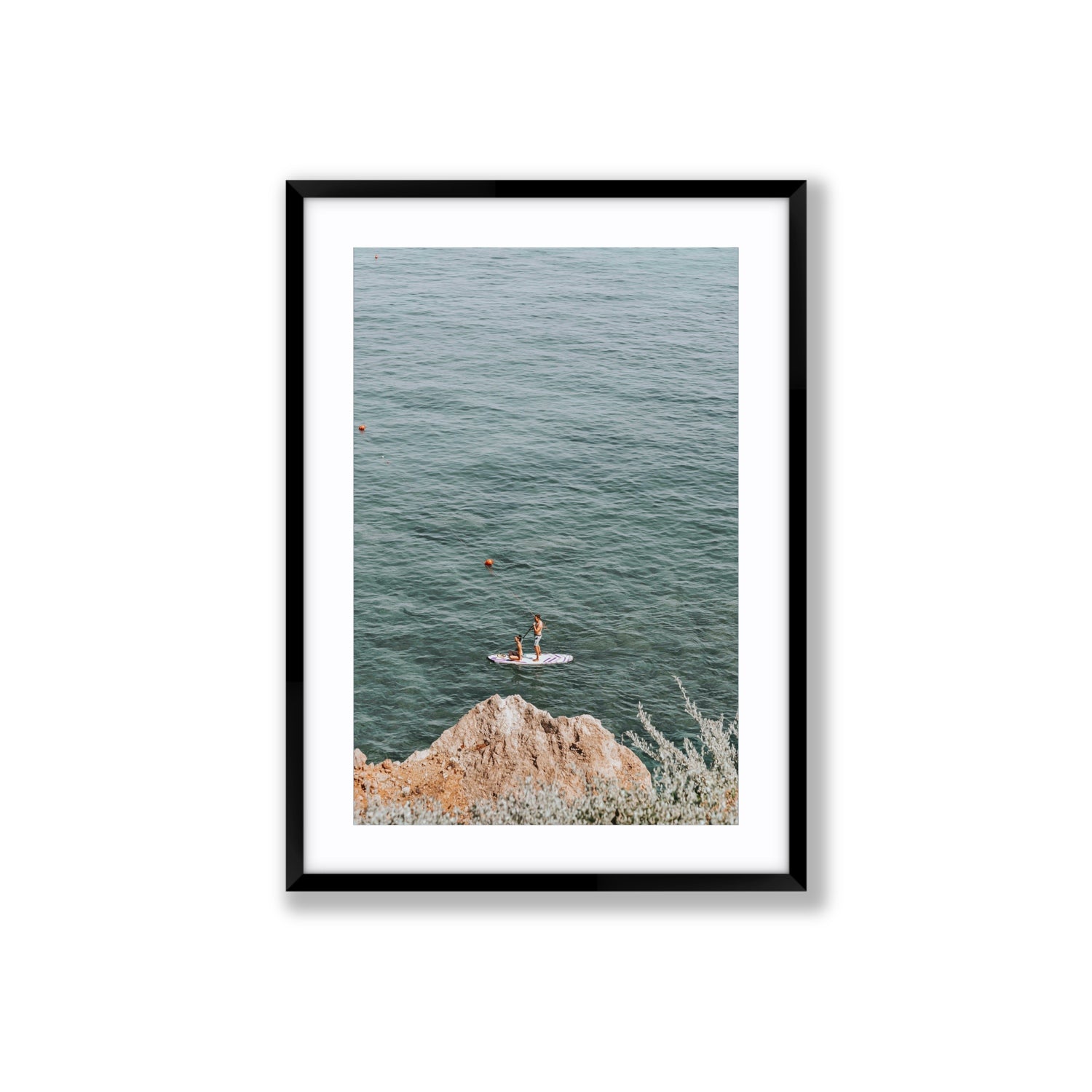 Into The Vibe Without Getting Wet Tuscany coastal wall art Large fine art print in black frame with matboard